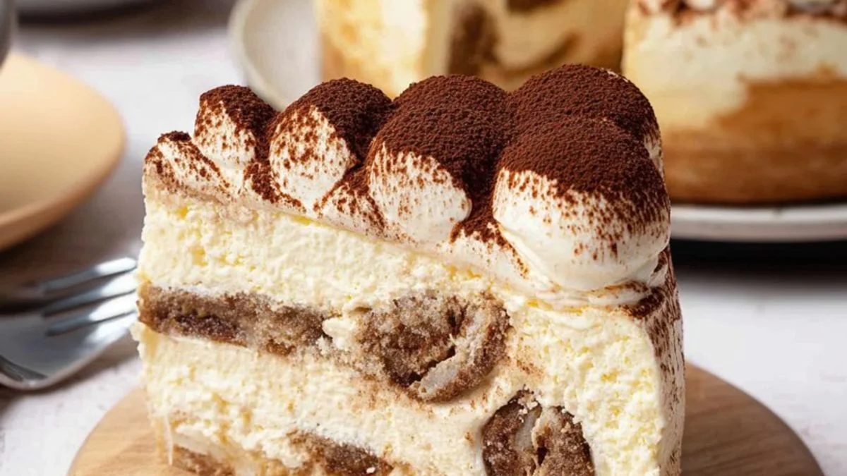 Tiramisu Layer Cake 2 High-resolution close-up of a multi-layered Tiramisu Layer Cake with espresso-soaked sponge, mascarpone frosting, and cocoa powder dusting.