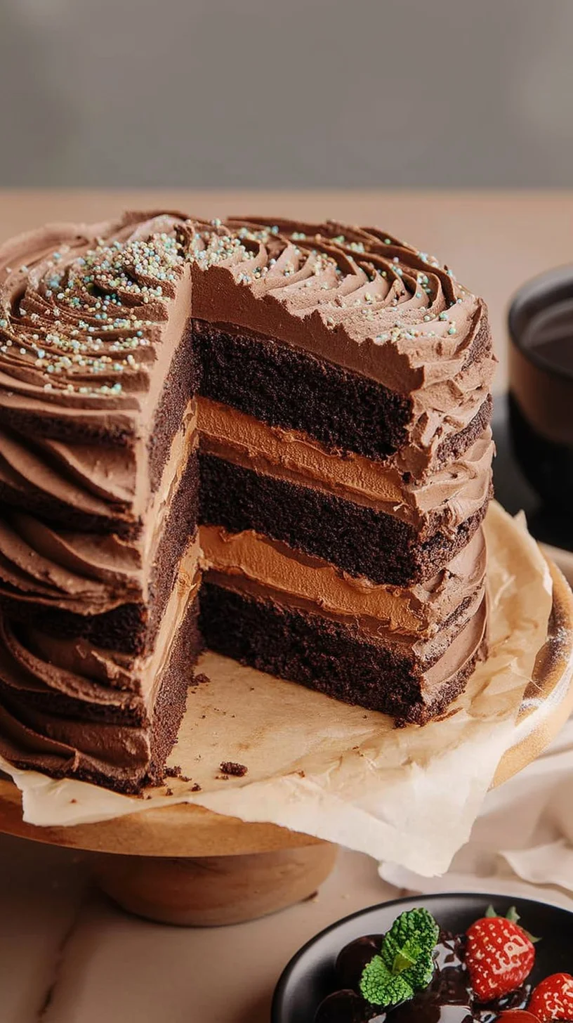 Decadent triple chocolate fudge layer cake with rich ganache Triple chocolate fudge layer cake with glossy ganache and chocolate shavings