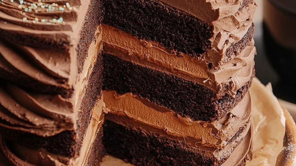 Triple Chocolate Fudge Layer Cake 2 A decadent slice of Triple Chocolate Fudge Layer Cake showing moist layers, gooey fudge filling, and glossy ganache drizzle with chocolate shavings