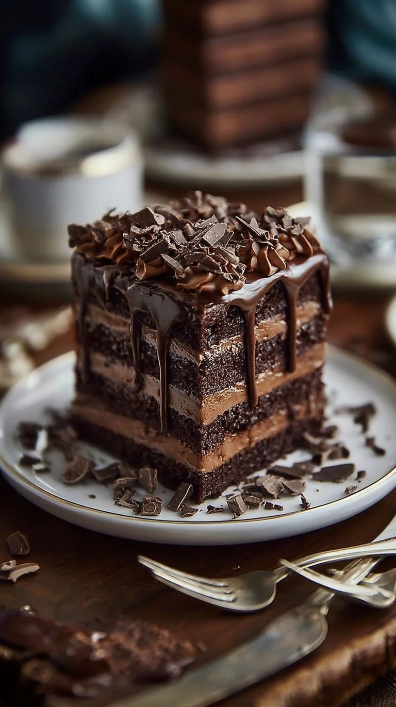 Slice of triple chocolate mousse cake with dark, milk, and white chocolate layers topped with chocolate curls and ganache drizzle.
