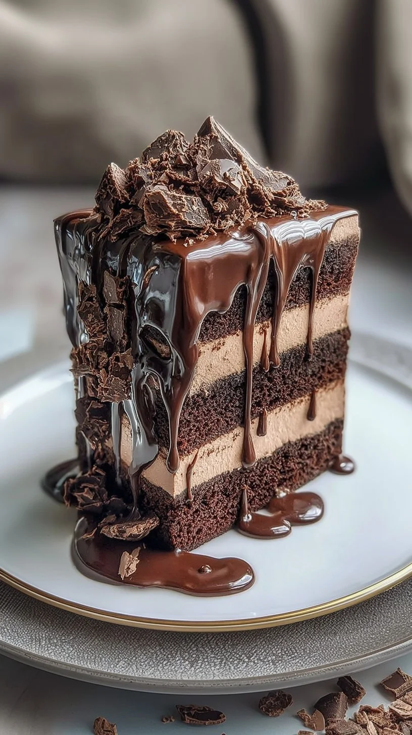 Triple chocolate mousse drip cake with dark, milk, and white chocolate layers, glossy ganache drip, chocolate curls, and shards on a marble stand.