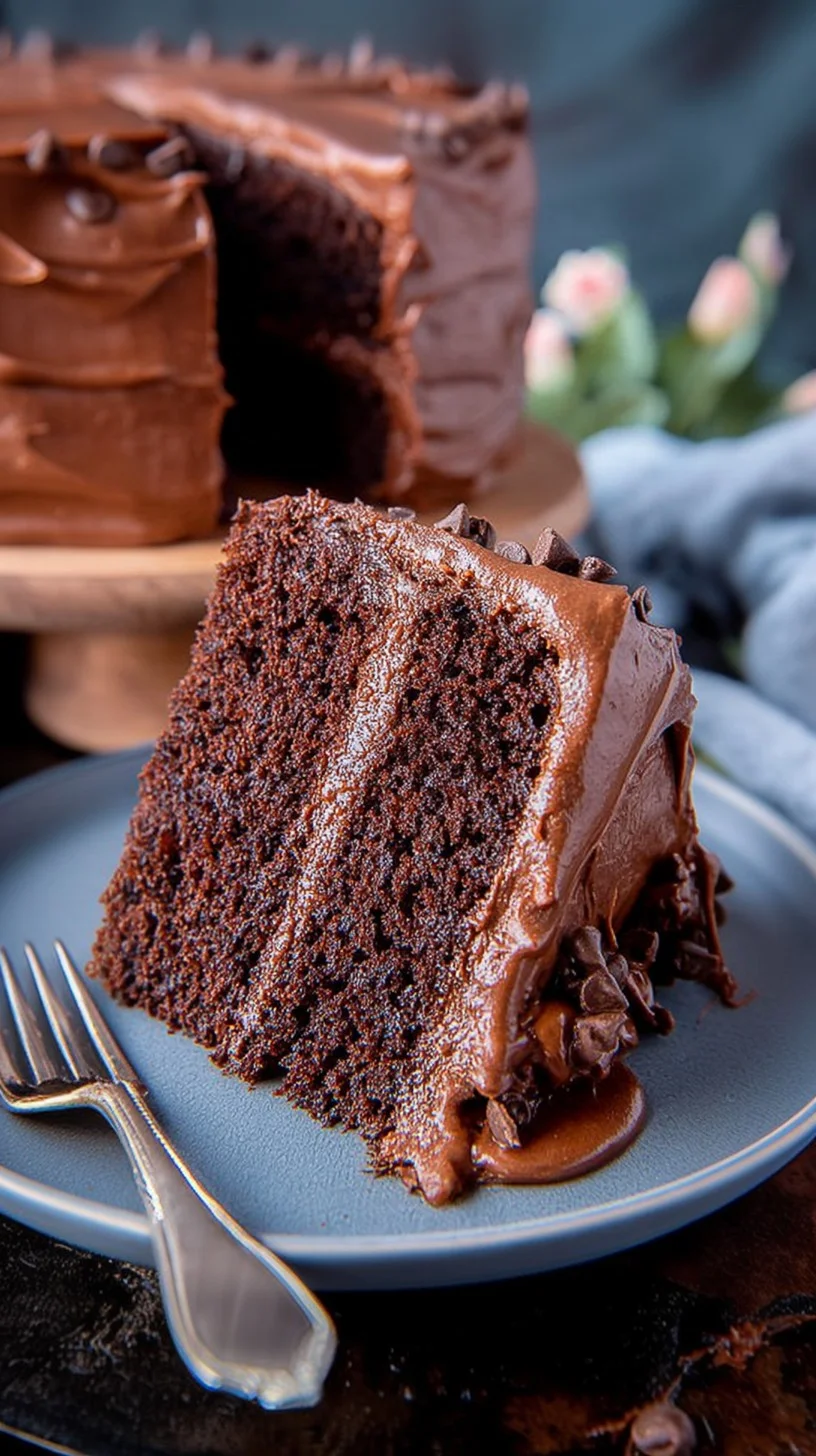 A rich triple-layer chocolate cake topped with glossy ganache and raspberries. Triple-layer chocolate cake with glossy ganache, chocolate curls, and raspberries on a white plate.