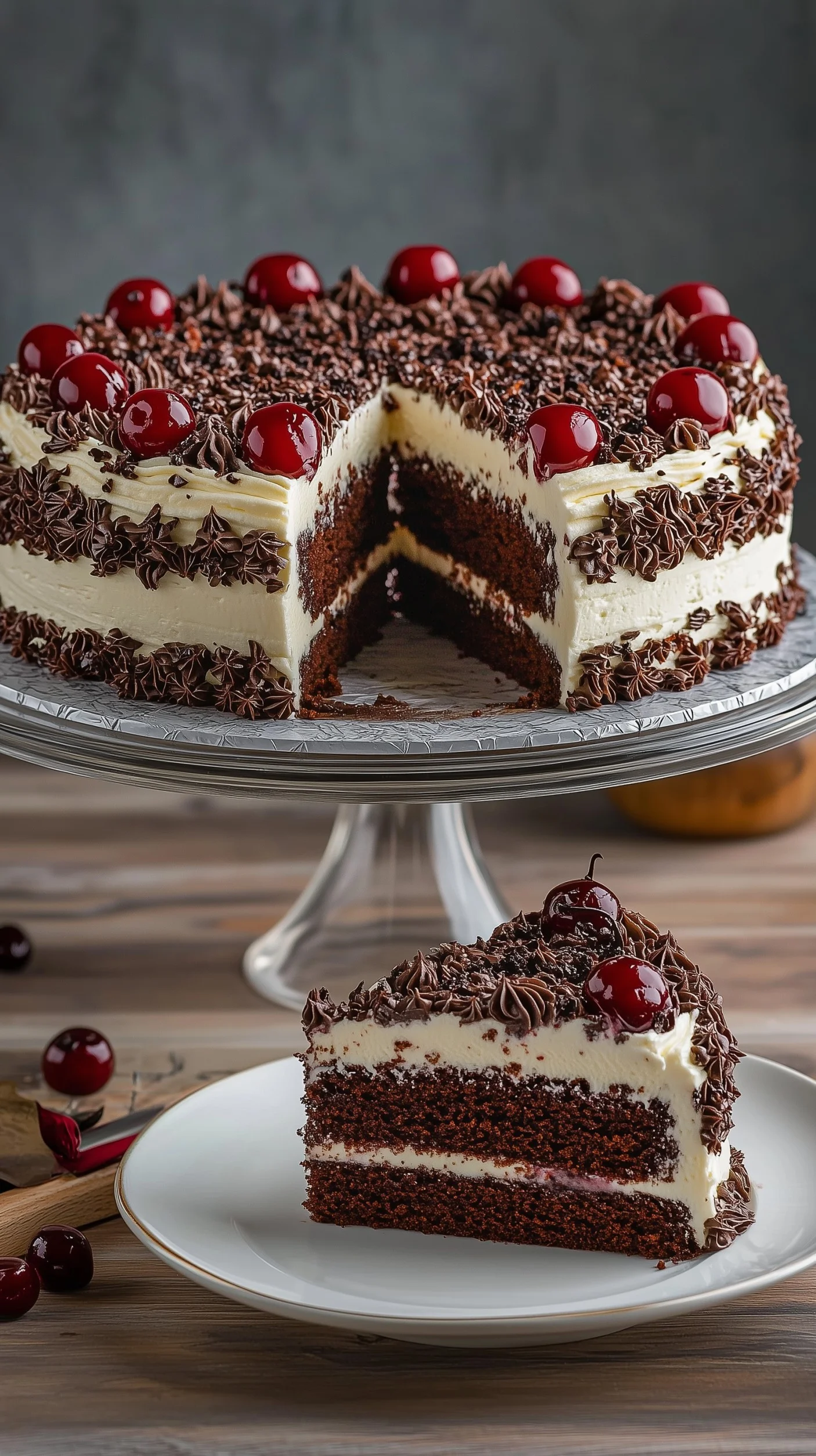 A decadent slice of Black Forest Bliss topped with cherries and chocolate shavings. Slice of Black Forest cake with whipped cream, cherries, and chocolate shavings on a wooden table.