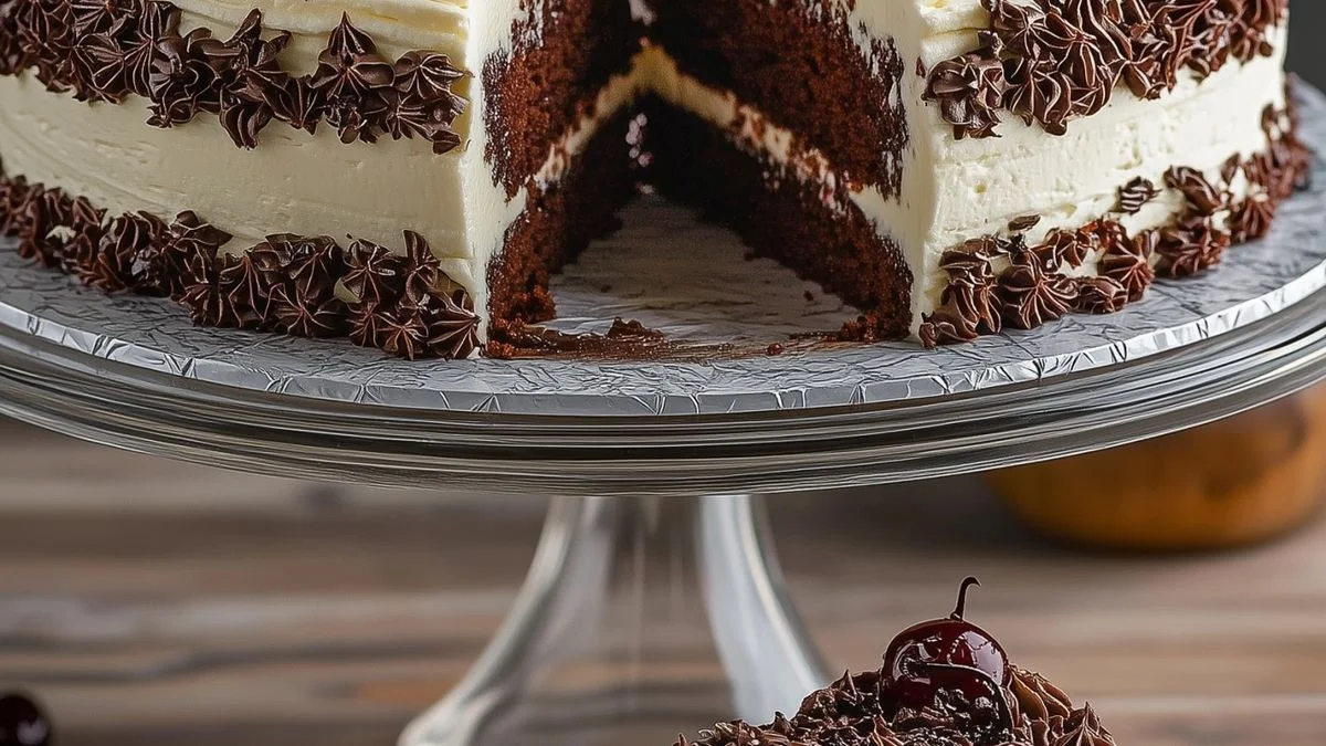 Black Forest Bliss 3 A decadent Black Forest Bliss cake with layers of chocolate sponge, whipped cream, and cherries.