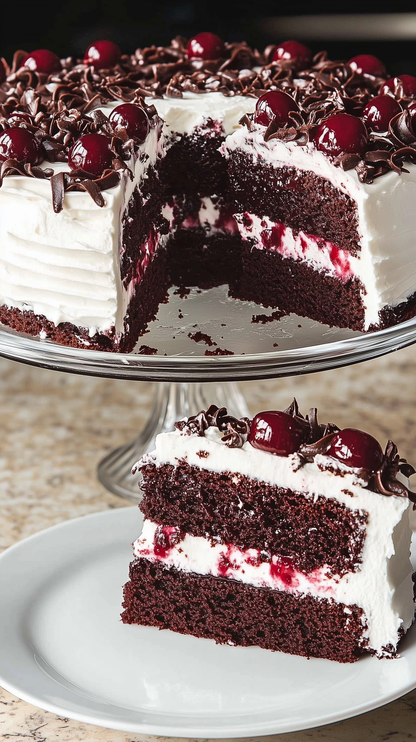 Close-up of a Black Forest cake slice with whipped cream, cherries, and chocolate shavings.