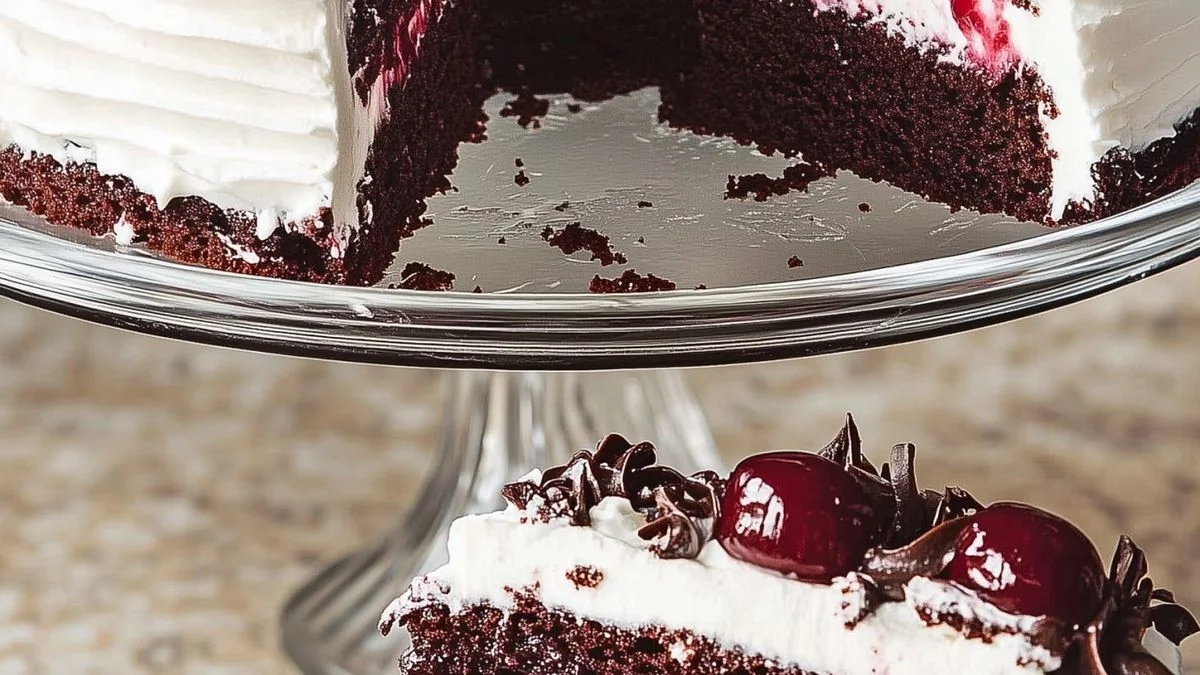 A decadent slice of Black Forest Cake with chocolate sponge, whipped cream, fresh cherries, and chocolate shavings.