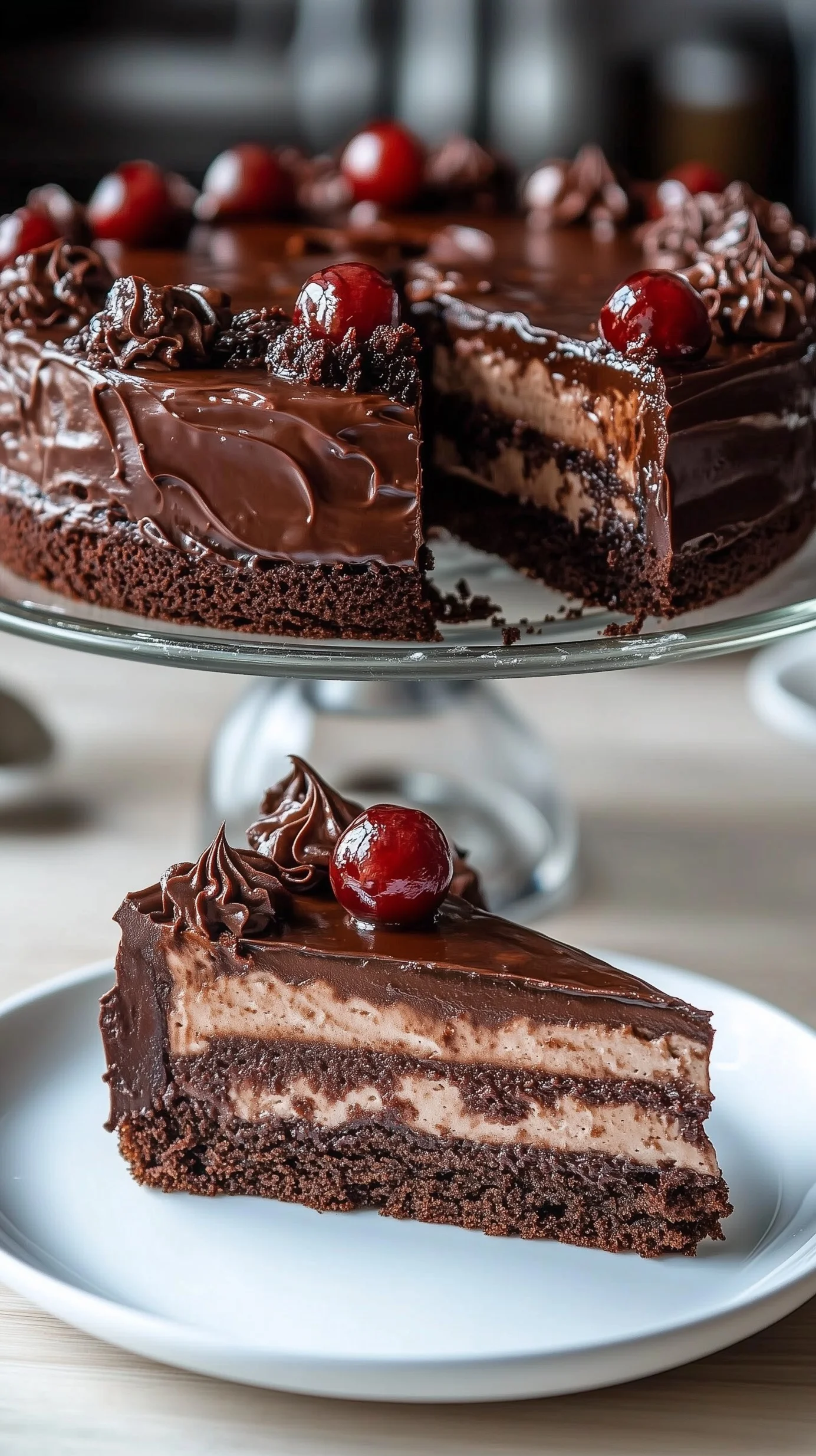 Three-layer Black Forest chocolate cake topped with whipped cream, cherries, and chocolate shavings.