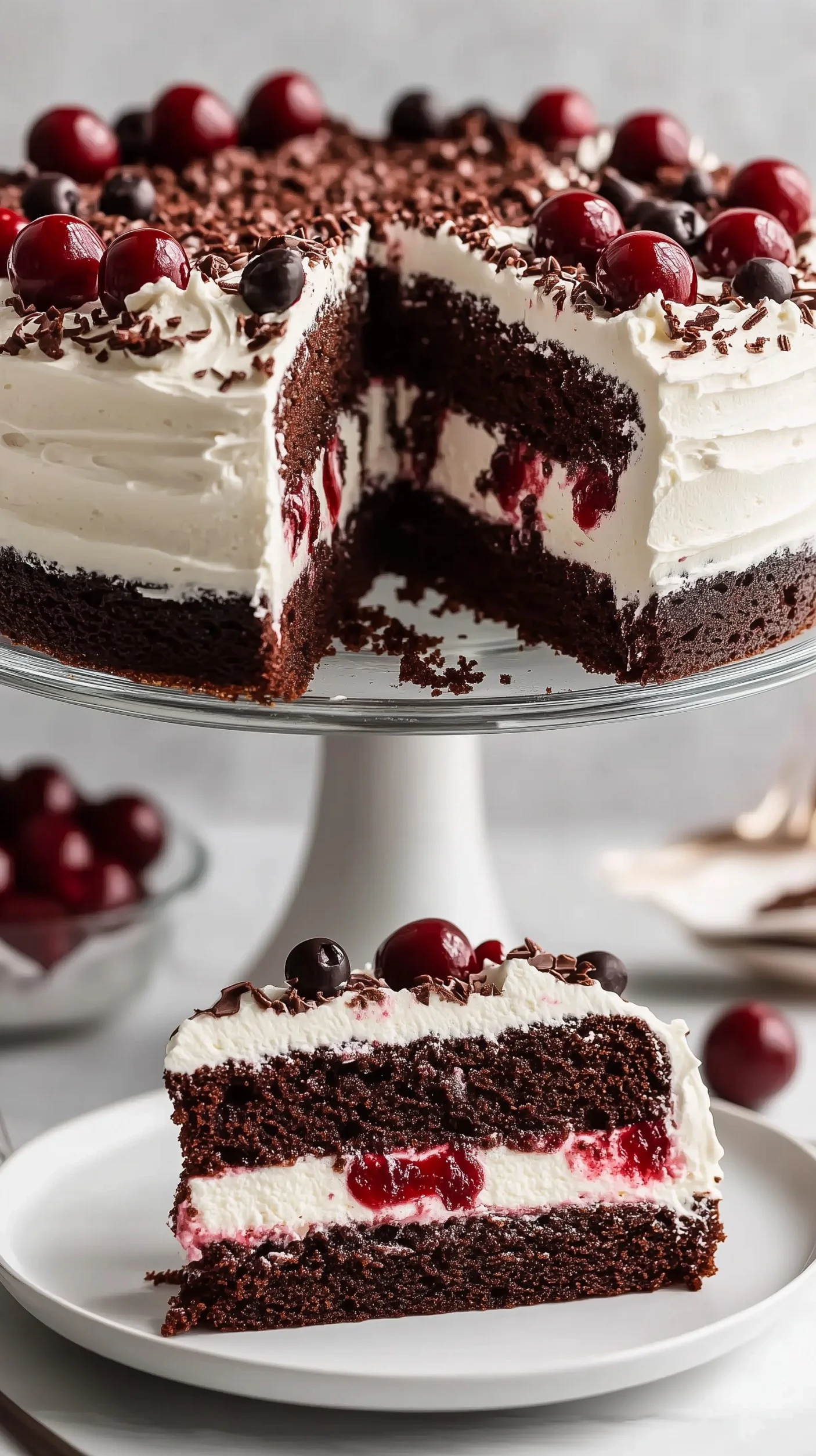 Slice of Black Forest dream cake with whipped cream, cherries, and chocolate shavings on a wooden board.