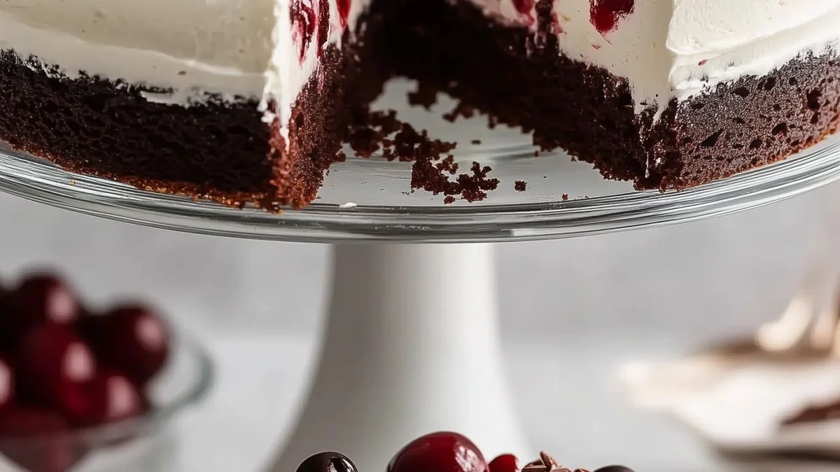 Slice of Black Forest Dream Cake with rich chocolate layers, whipped cream, and fresh cherries on a white plate