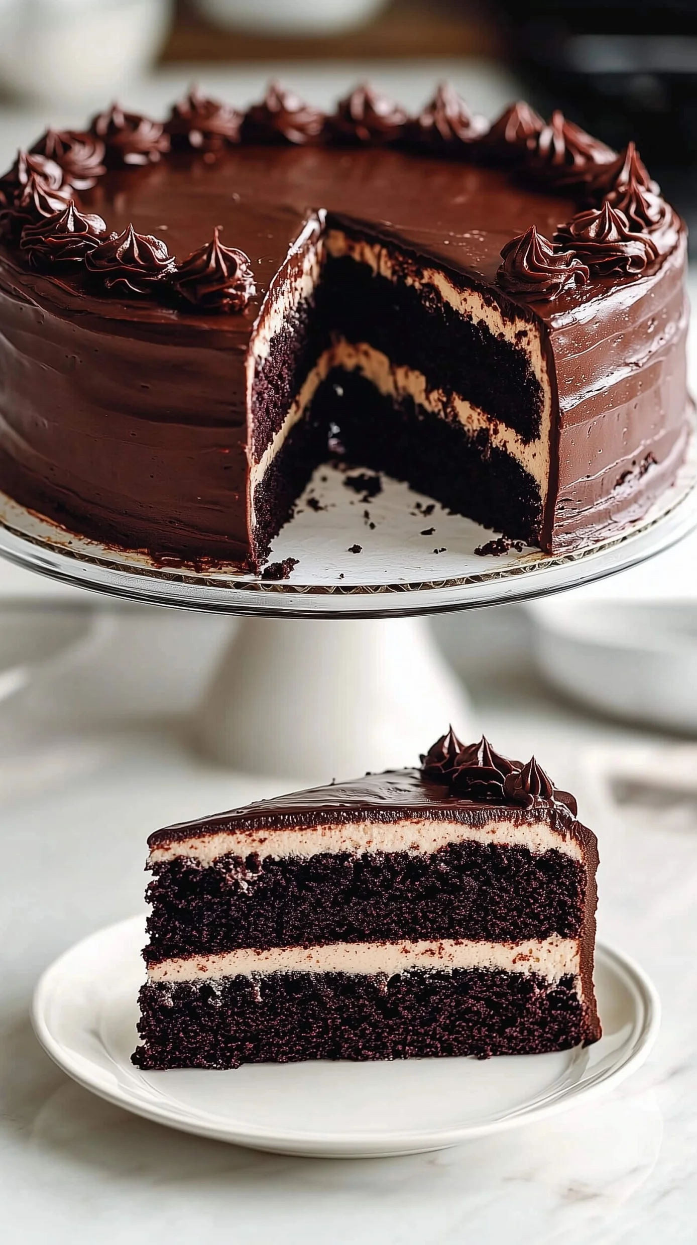 Slice of black velvet cake with cream cheese frosting and chocolate shavings on a marble plate.