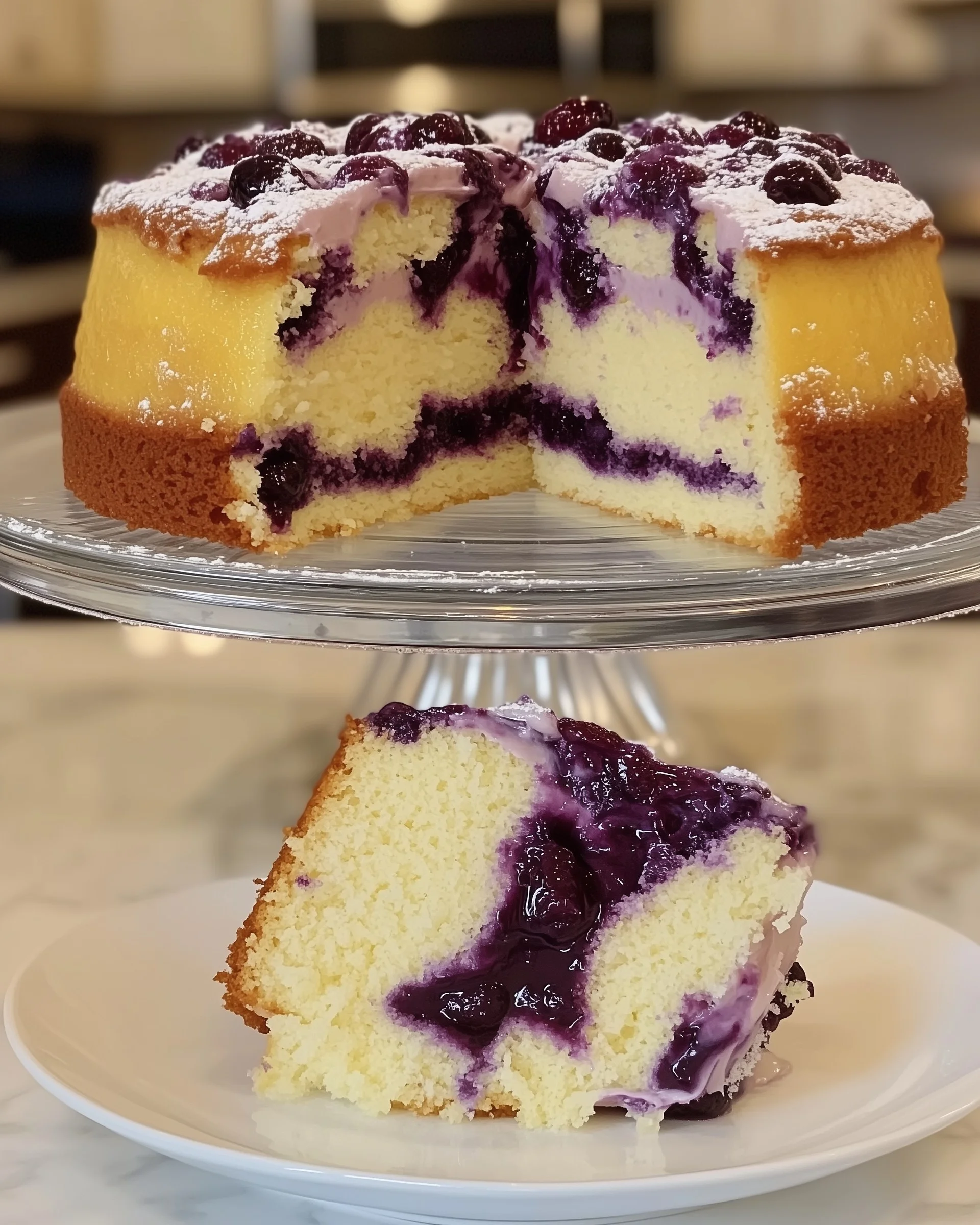 Sliced blueberry swirl cake on a cake stand, garnished with fresh blueberries and mint.
