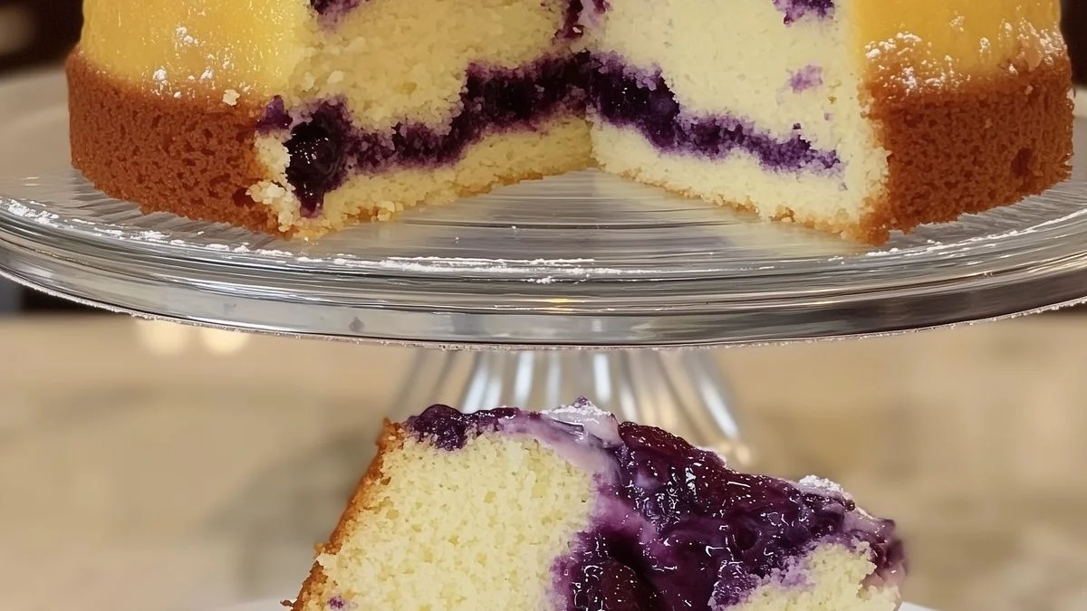 A fresh slice of Blueberry Swirl Cake on a white plate with visible blueberry ribbons