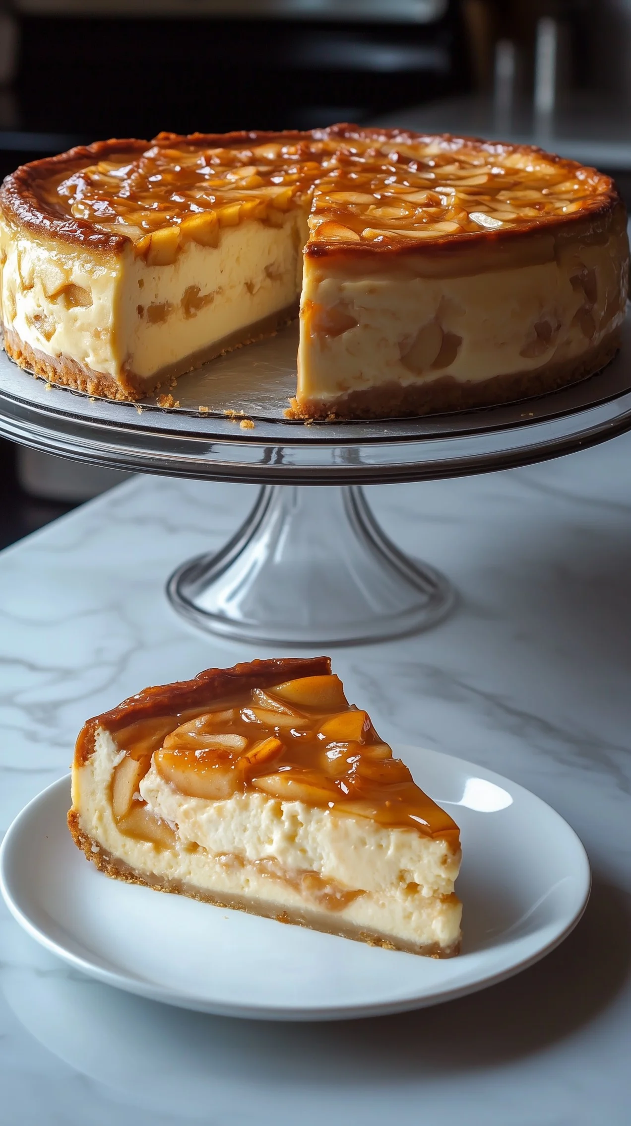 slice of caramel apple cheesecake with caramel drizzle and apple slices on a rustic table