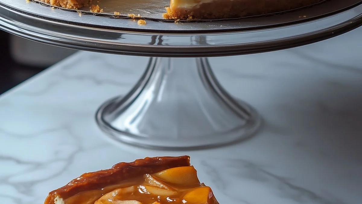 A decadent Caramel Apple Cheesecake slice topped with caramel drizzle and fresh apple slices on a wooden board.