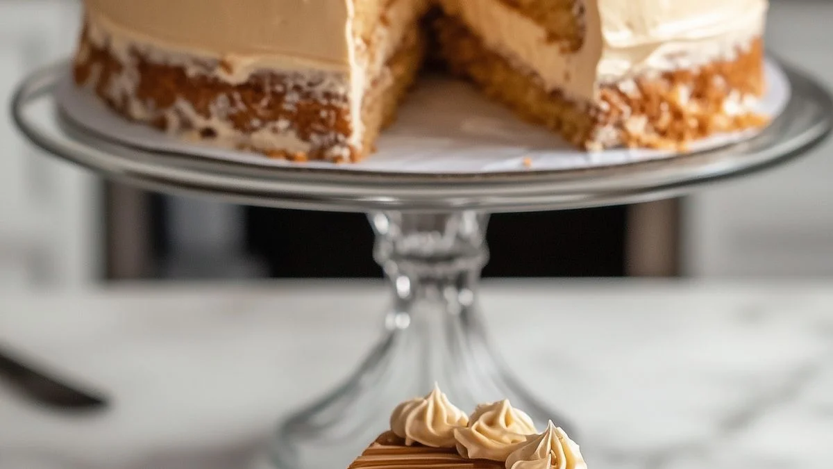 Close-up of Caramel Cream Bliss dessert showing creamy caramel mousse layered with whipped cream and toffee bits