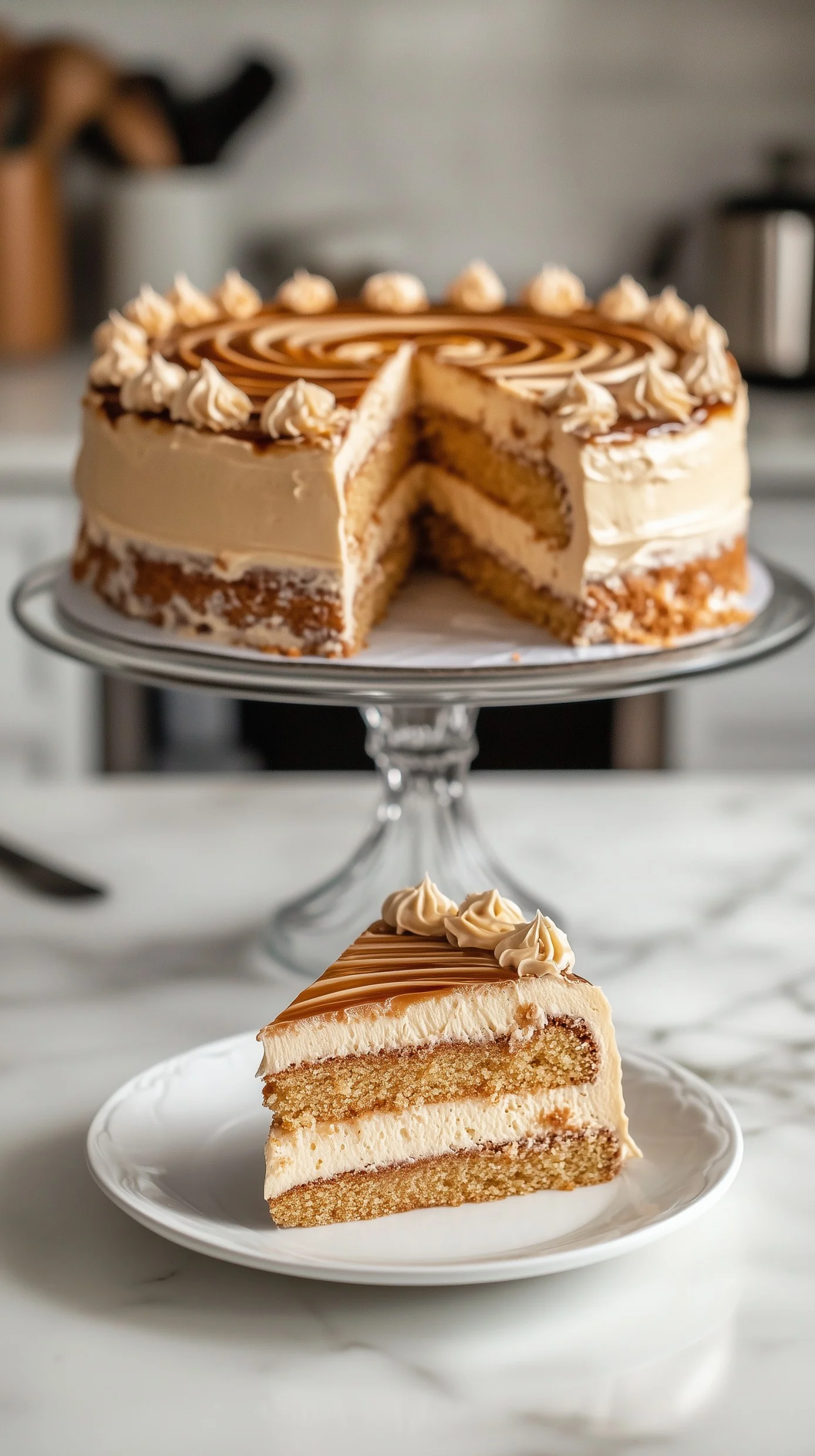 Close-up of caramel cream dessert in a glass bowl with caramel swirls, whipped cream, caramel shards, and mint on a wooden table