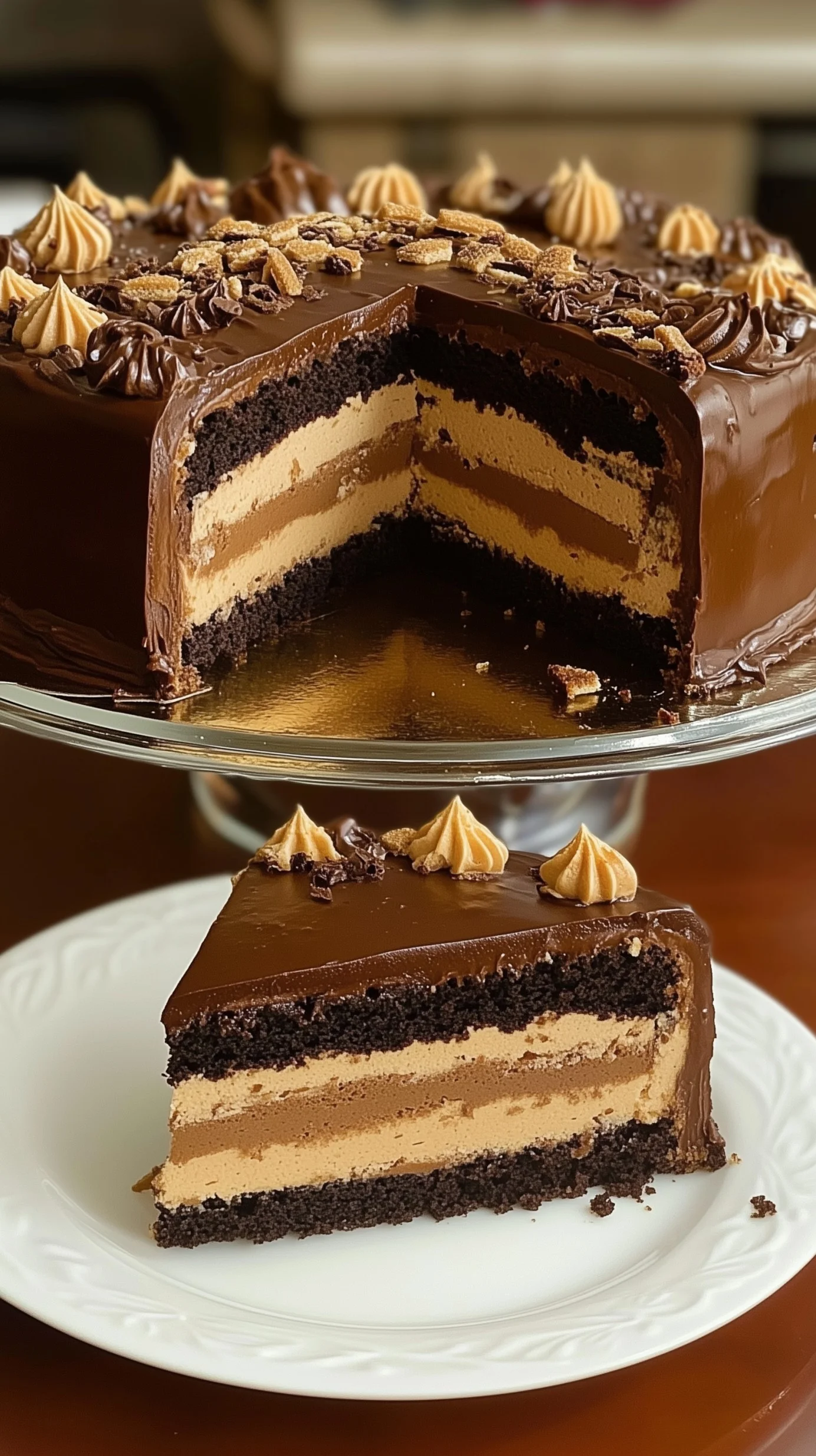 stacked chocolate cake layers with Biscoff cookie butter frosting and chocolate ganache on a rustic wooden table