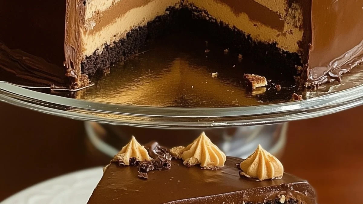 A decadent Chocolate Biscoff Layered Cake with creamy Biscoff frosting, glossy chocolate ganache, and cookie crumb topping.