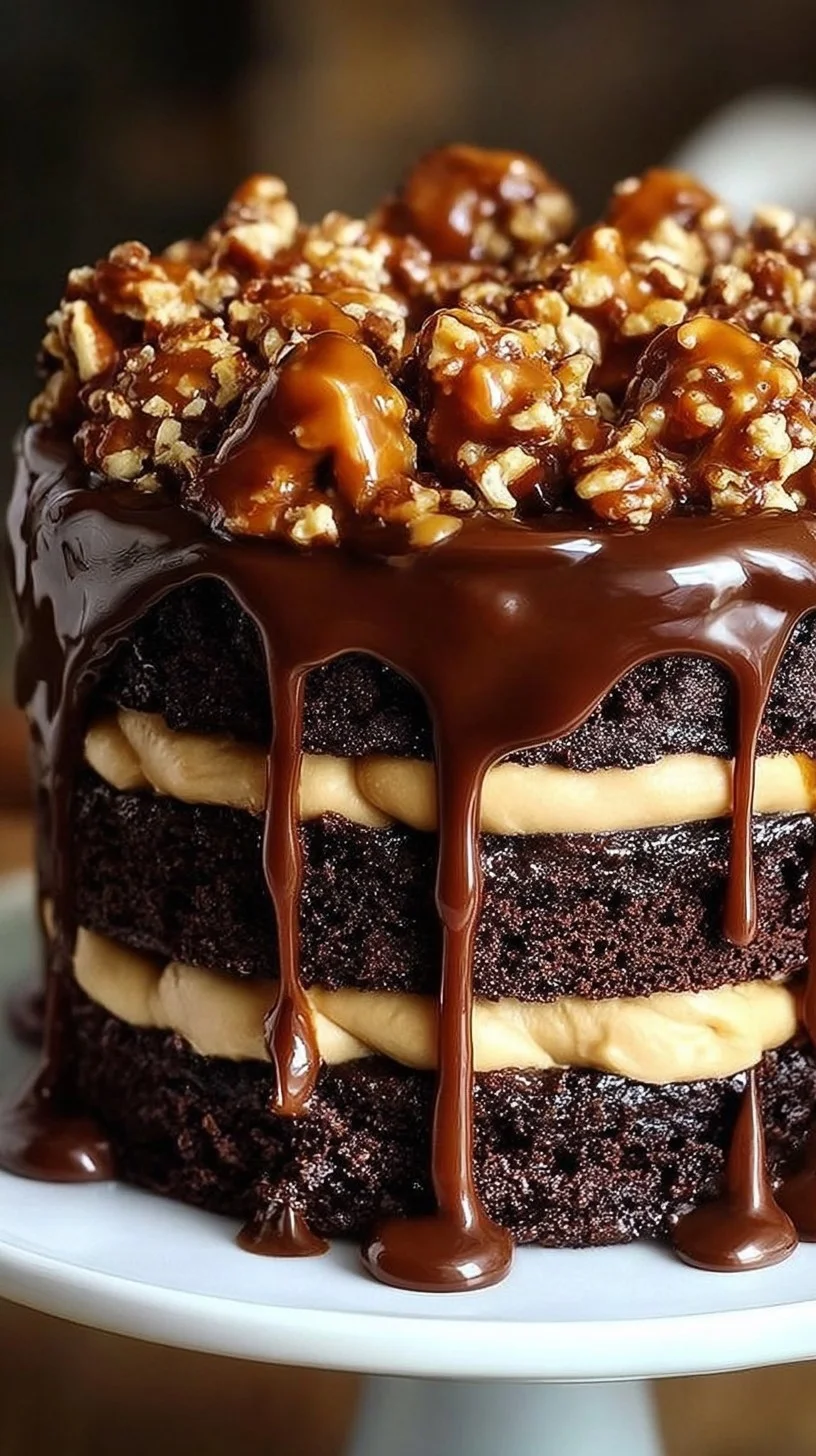 Chocolate caramel nut layer cake with glossy caramel drips and roasted nuts on a rustic wooden board