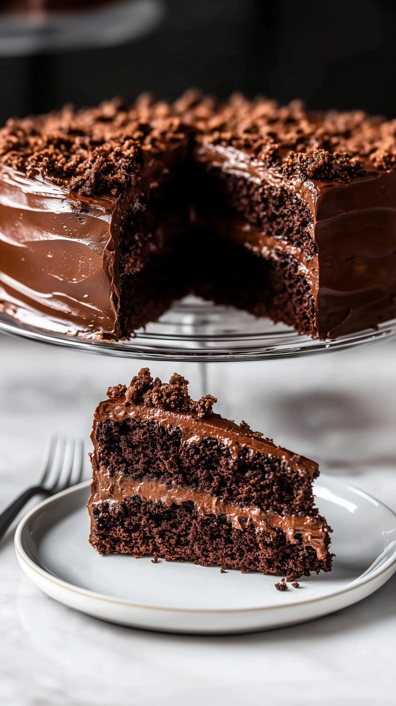 Chocolate crunch cake slice with chocolate pearls and dark ganache, garnished with raspberries and mint.