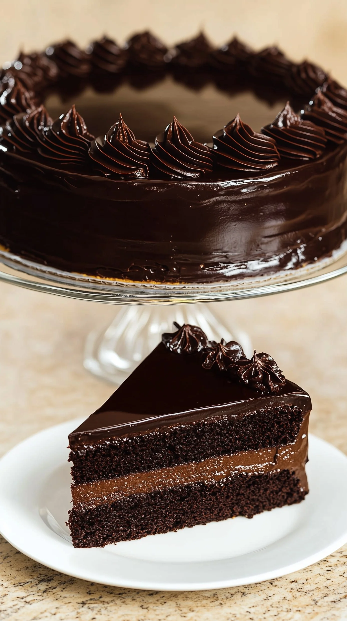 Slice of rich chocolate fudge layer cake with glossy ganache and chocolate shavings