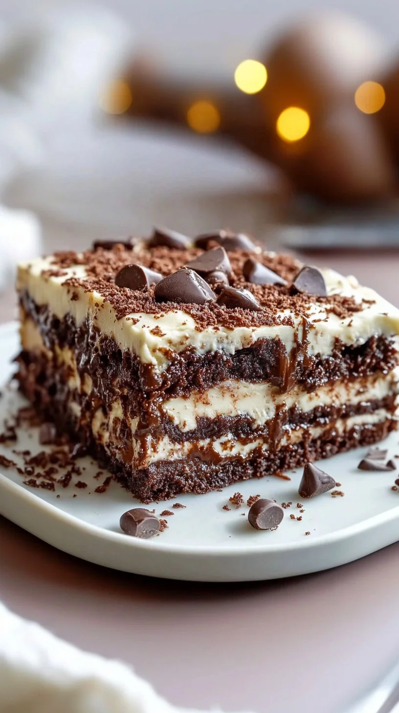 Six-layer chocolate cake with glossy ganache drips, chocolate curls, and fresh raspberries on a marble stand.