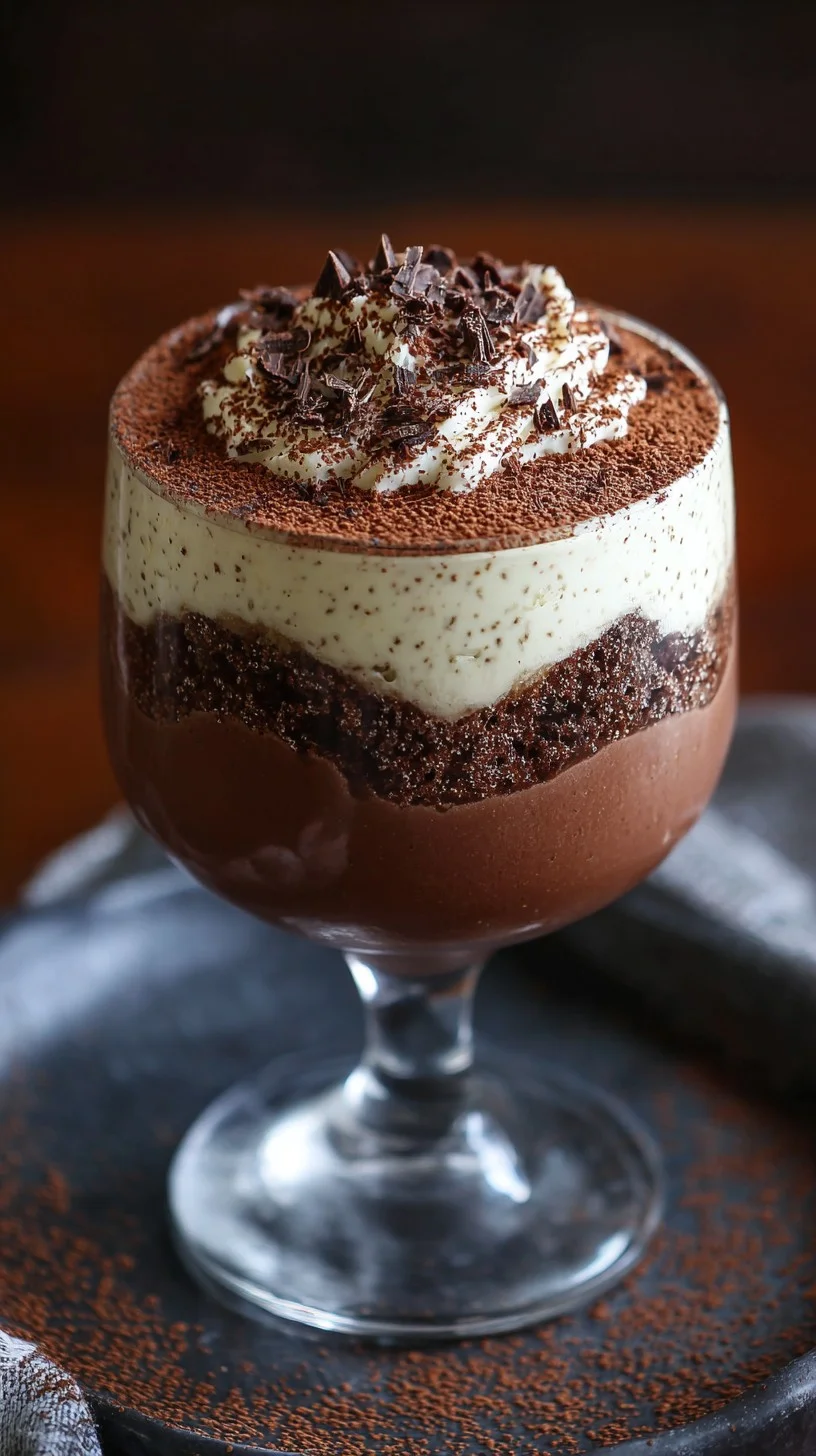 Chocolate mousse in a glass dessert cup topped with raspberries, cocoa powder, and mint.