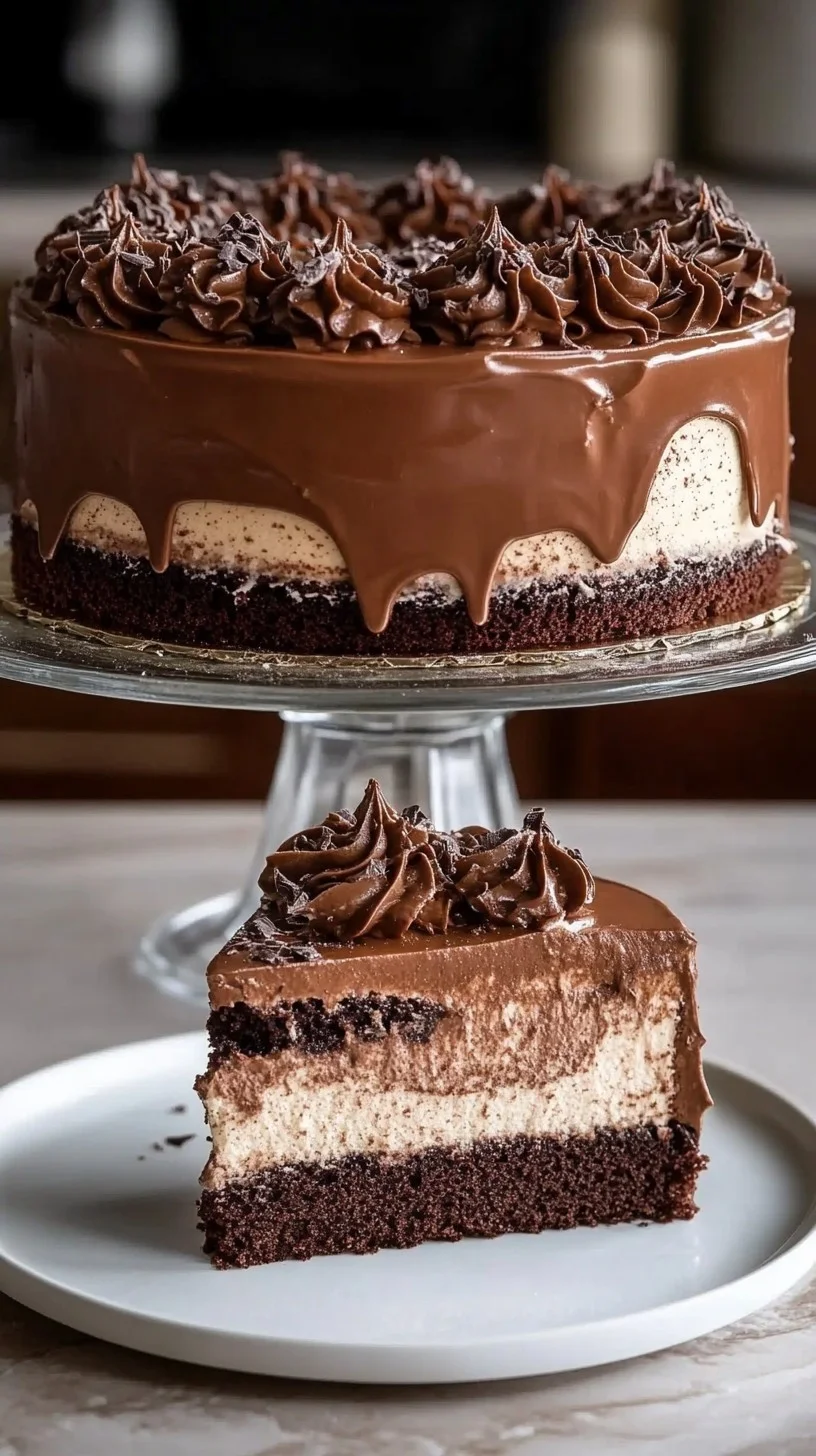 Close-up of creamy chocolate mousse topped with raspberries and mint on a wooden surface.