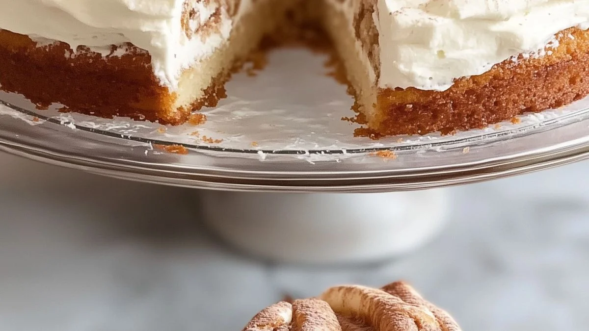 A slice of Cinnamon Roll Poke Cake topped with creamy cream cheese icing and a sprinkle of cinnamon sugar.