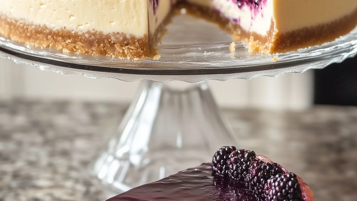 Close-up of a Classic Blackberry Cheesecake topped with fresh blackberries and powdered sugar on a rustic table.