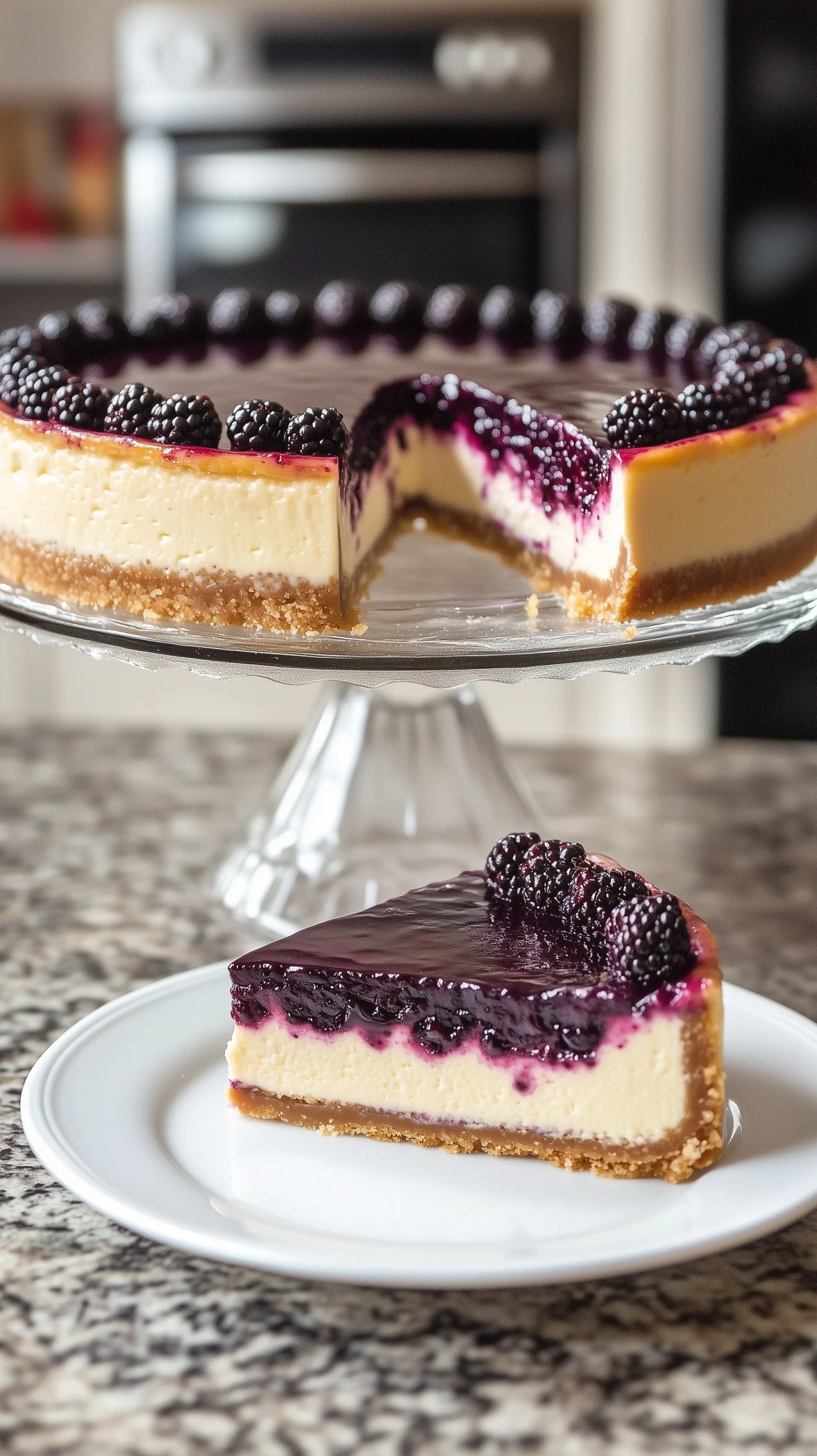 Classic blackberry cheesecake with glossy compote and fresh berries on a rustic wooden table