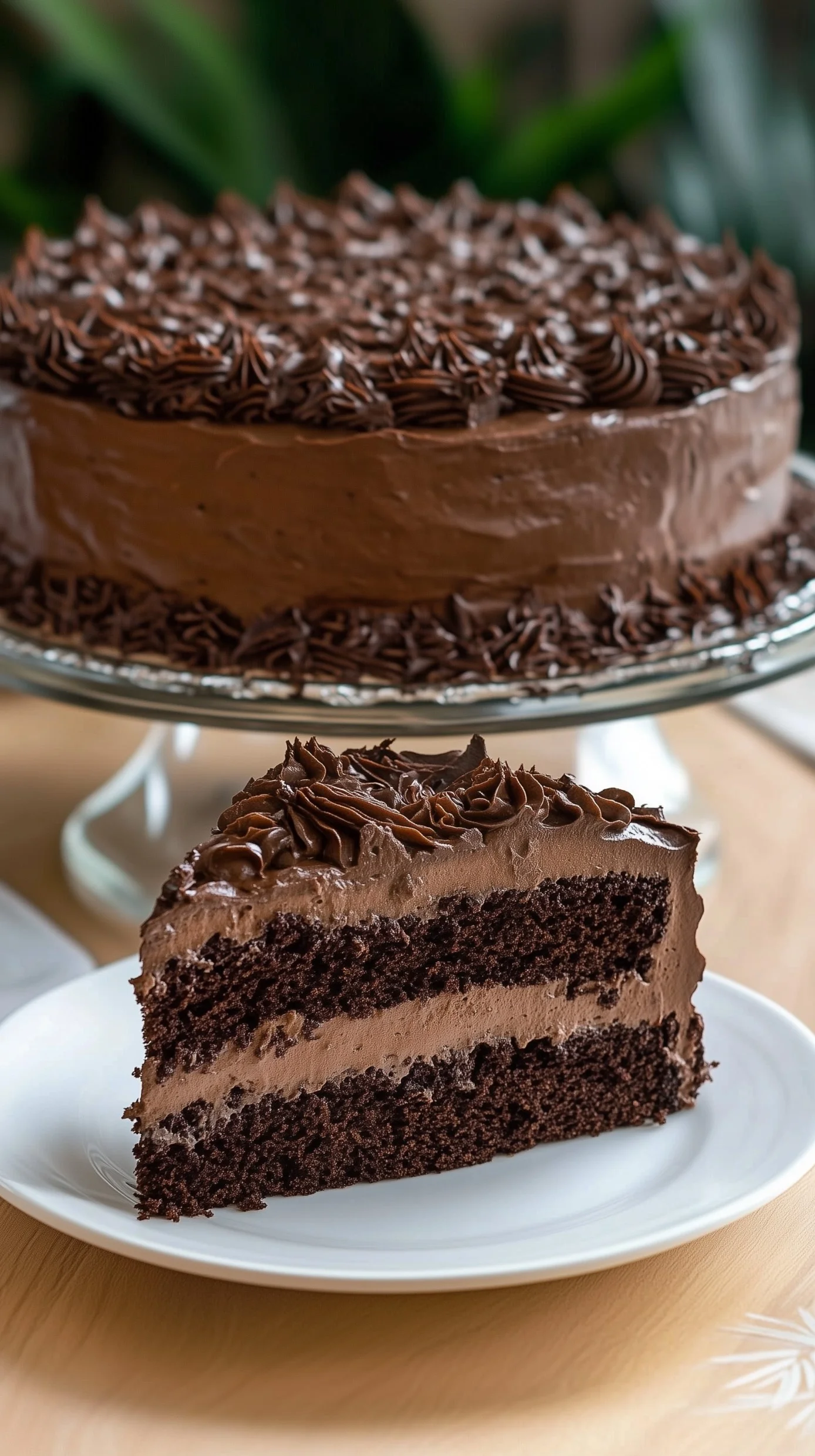 Three-layer chocolate cake with glossy chocolate buttercream frosting, garnished with raspberries and mint on a gold cake stand.