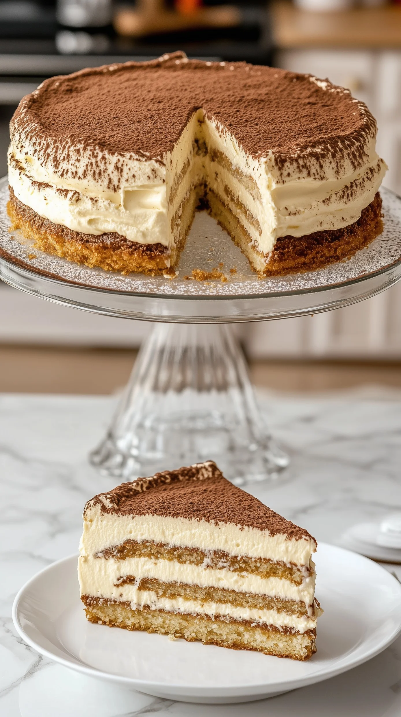 A creamy, layered Italian tiramisu cake dusted with cocoa powder. Classic Italian tiramisu cake with visible layers of espresso-soaked ladyfingers, mascarpone cream, and cocoa powder dusting