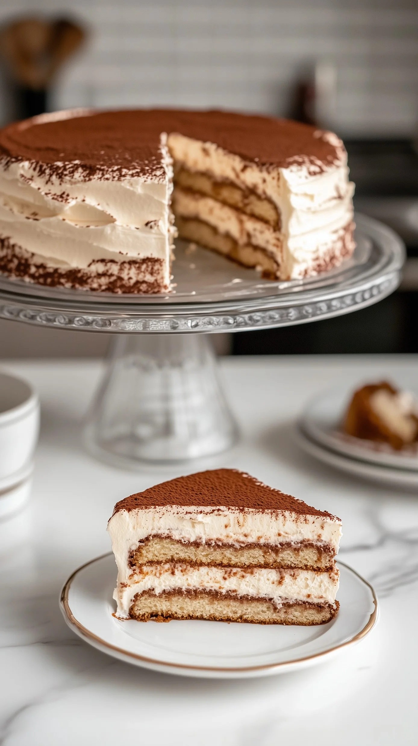 Elegant classic tiramisu cake layered with espresso-soaked sponge and mascarpone cream. Classic tiramisu cake with espresso-soaked sponge layers, mascarpone cream, and dusted cocoa powder on a wooden table.