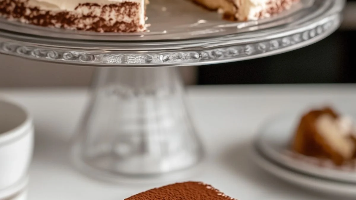 Classic Tiramisu Cake 3 Slice of Classic Tiramisu Cake with layers of espresso-soaked sponge and mascarpone frosting dusted with cocoa powder.