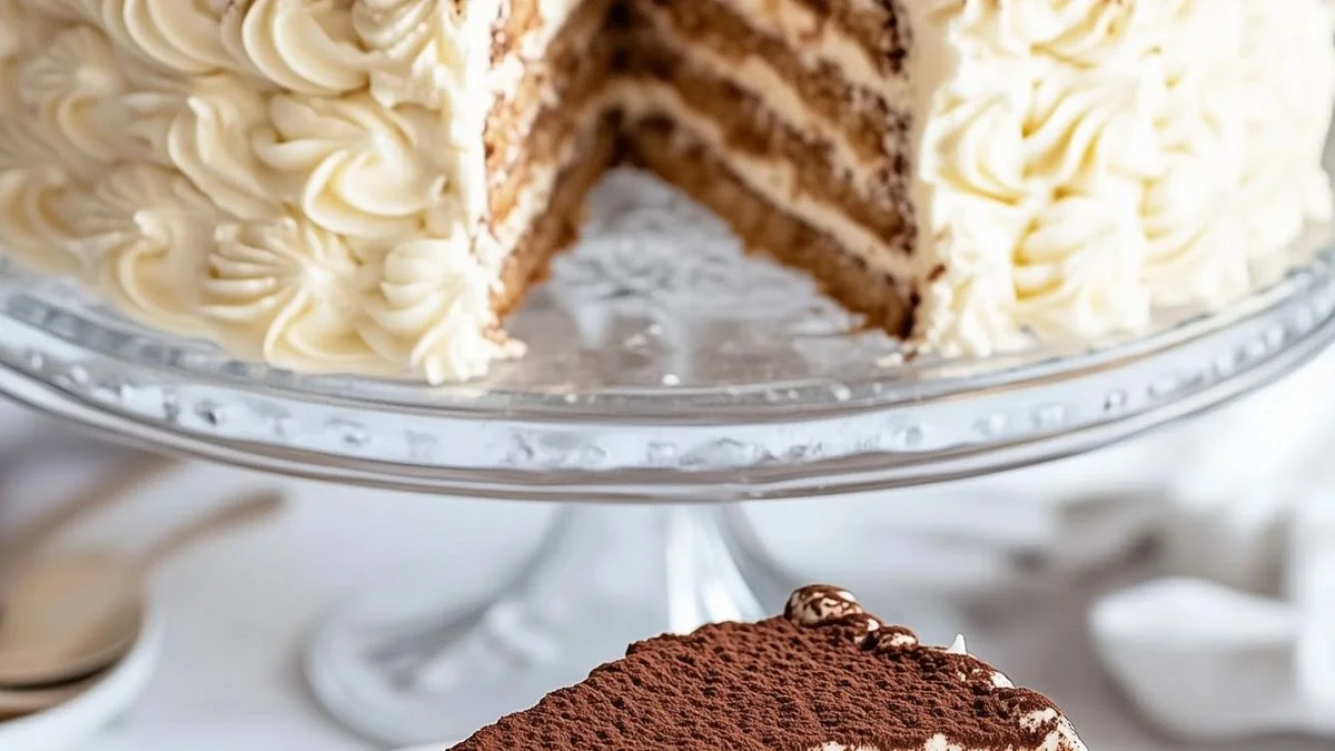 Three-tiered Coffee Cream Layer Cake with espresso-soaked layers and creamy coffee frosting garnished with coffee beans.