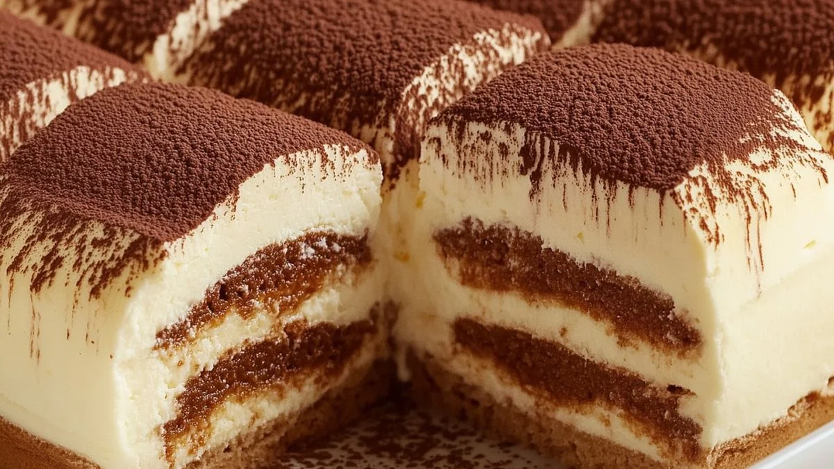 Close-up of Creamy Tiramisu Squares topped with cocoa powder on a rustic wooden board