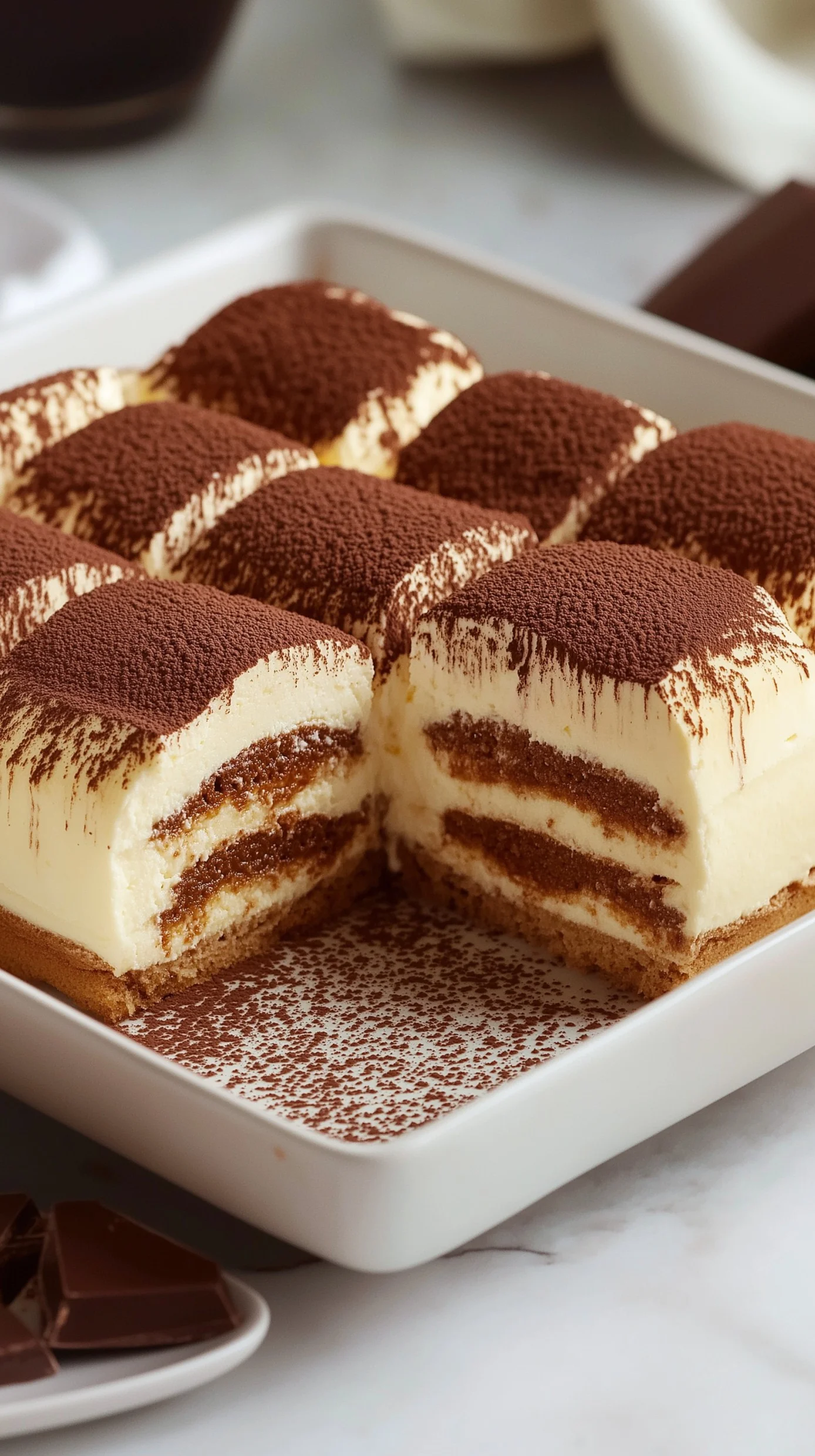 Close-up of creamy tiramisu squares dusted with cocoa powder and garnished with coffee beans on a wooden board.