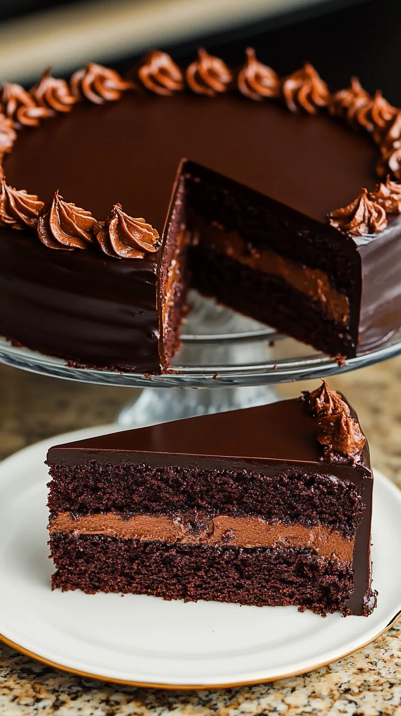 Three-layer dark chocolate cake with dripping ganache and chocolate curls on a slate plate.