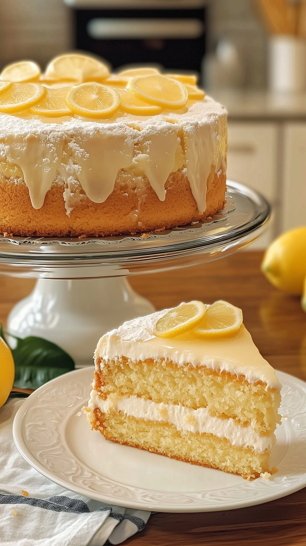 Three-tier fresh lemon layer cake with whipped cream frosting, lemon slices, and edible flowers on a rustic wooden table