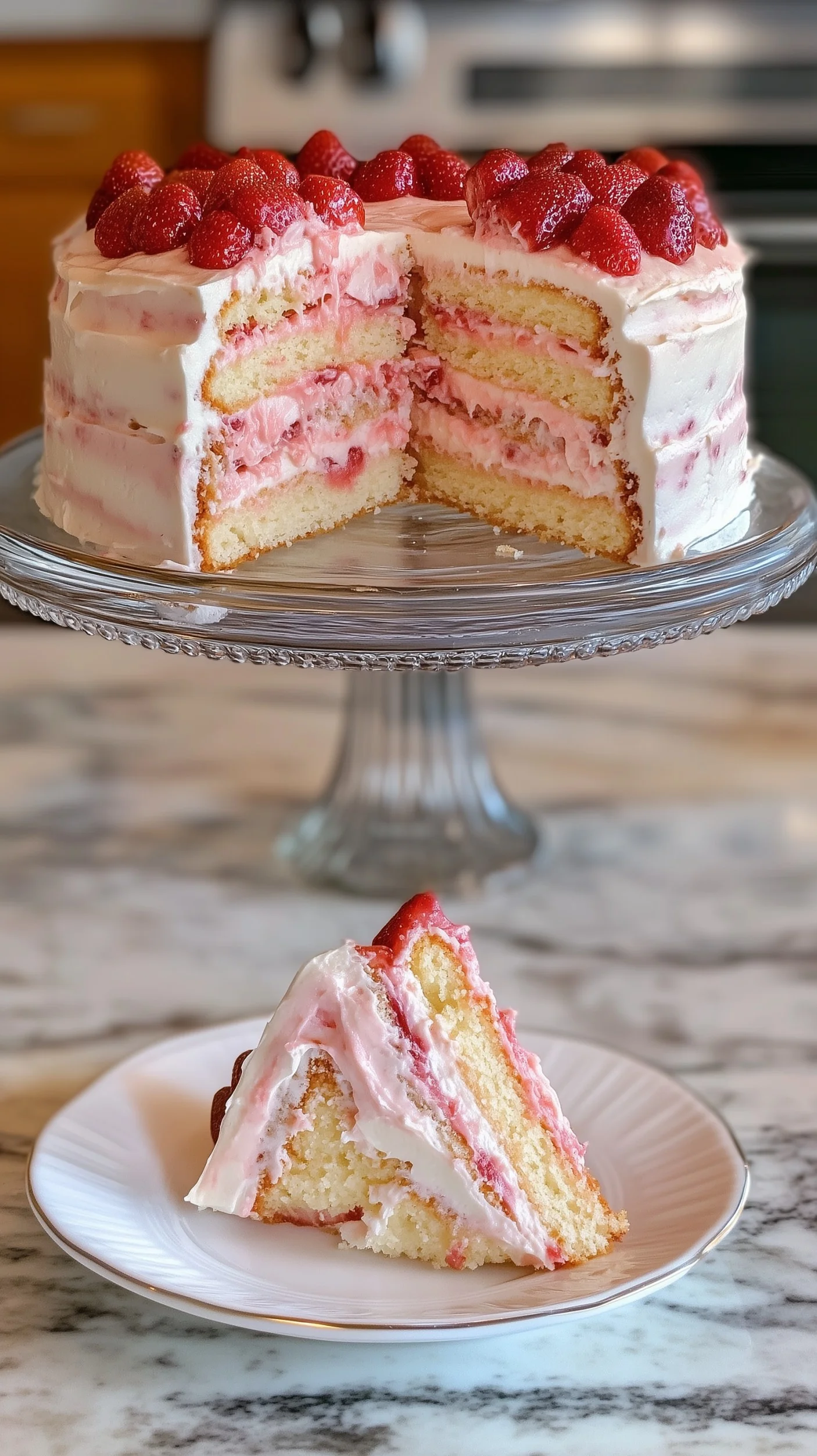 Three-layer homemade strawberry layer cake with pink buttercream frosting and fresh strawberry garnish on a wooden table.