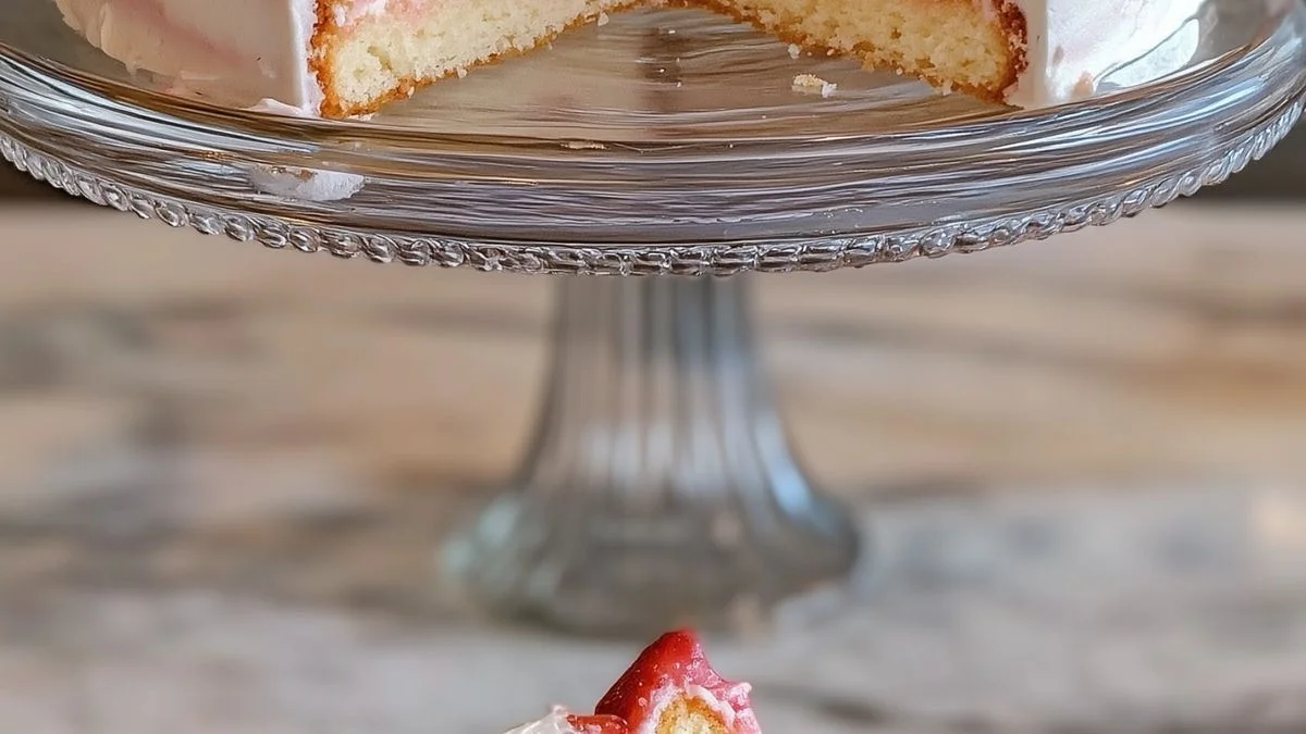 A homemade strawberry layer cake topped with fresh strawberry halves and mint leaves on a rustic wooden stand.