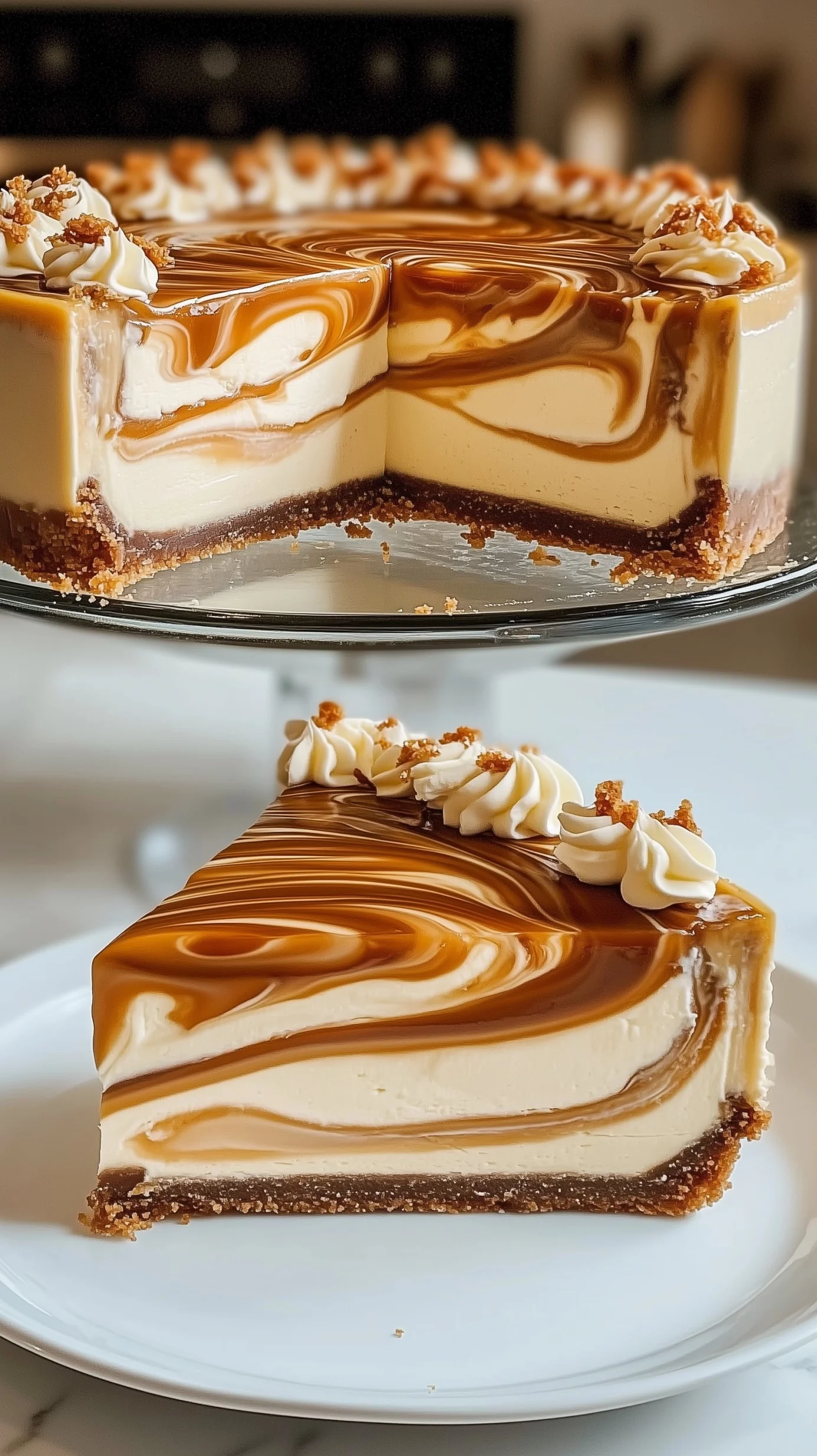 Creamy caramel swirl cheesecake with a slice showing the velvety interior and drizzle of caramel sauce.