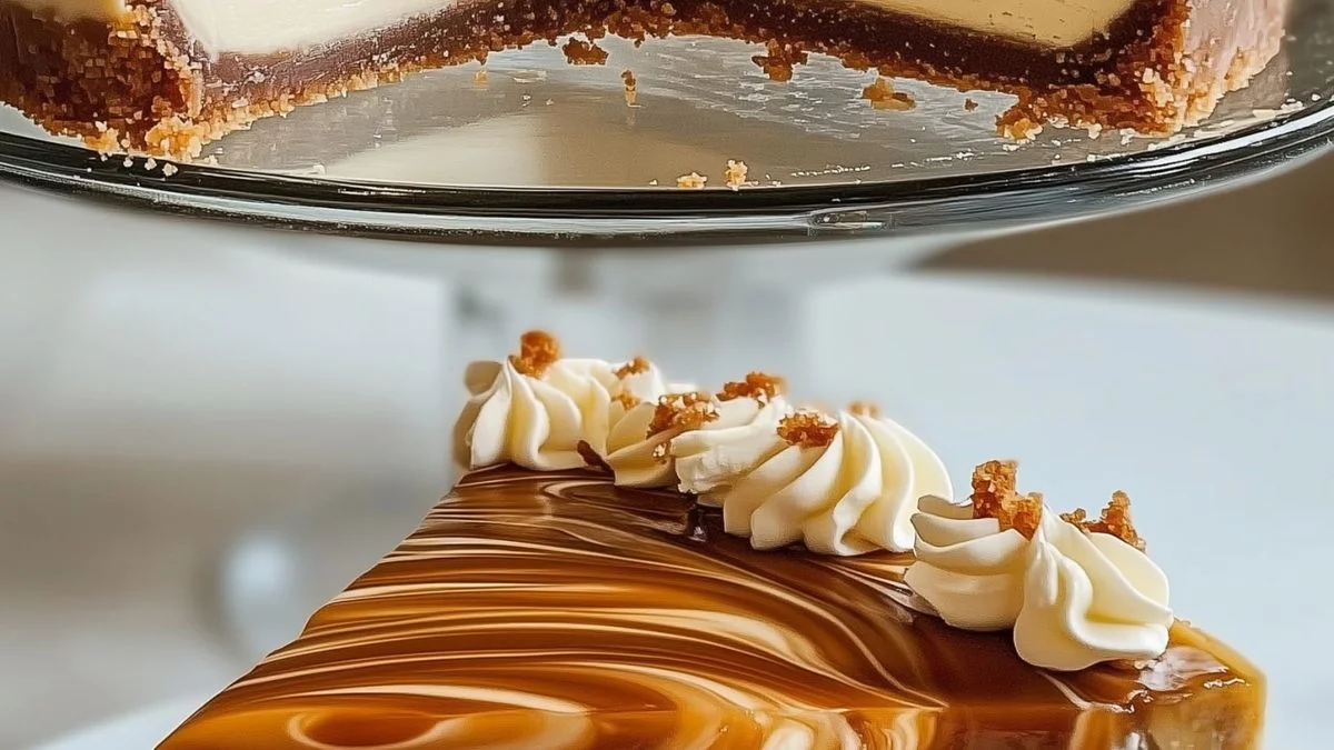 A slice of Irresistible Caramel Swirl Cheesecake topped with glossy caramel swirls and served on a rustic board.