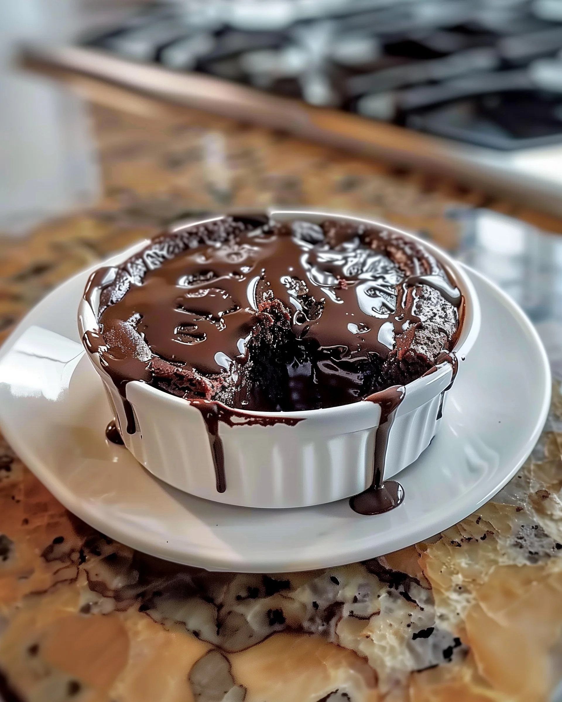 Decadent molten chocolate lava cake with oozing chocolate center, dusted with powdered sugar and garnished with raspberries and mint.