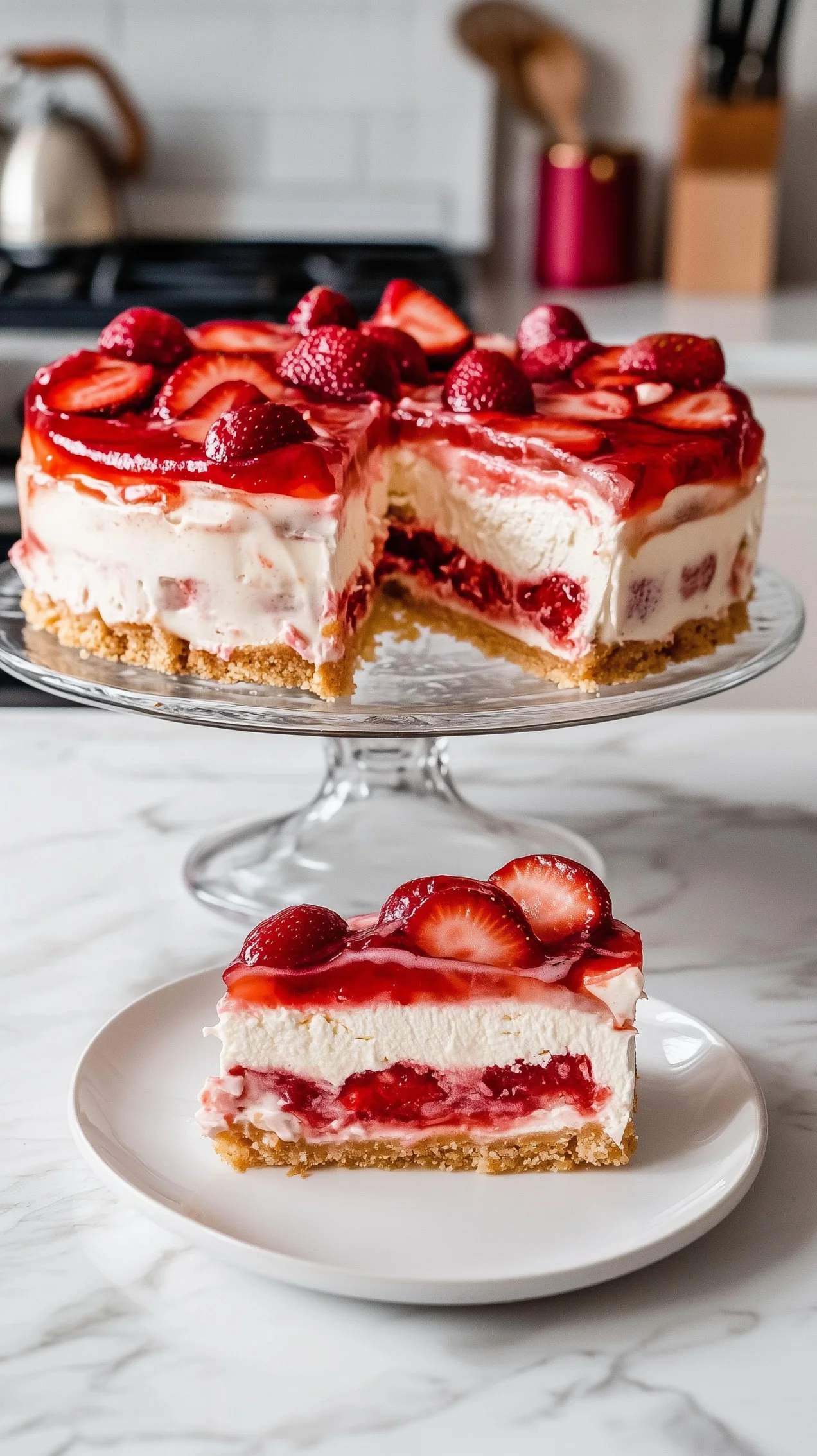 Close-up of no-bake strawberry cheesecake lasagna with layered graham cracker crust, creamy strawberry filling, whipped cream, and fresh strawberry slices on a white plate.
