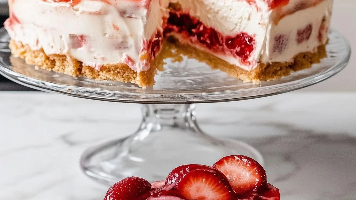 Overhead view of No-Bake Strawberry Cheesecake Lasagna with layers of creamy cheesecake, strawberry gelatin, and fresh strawberry slices