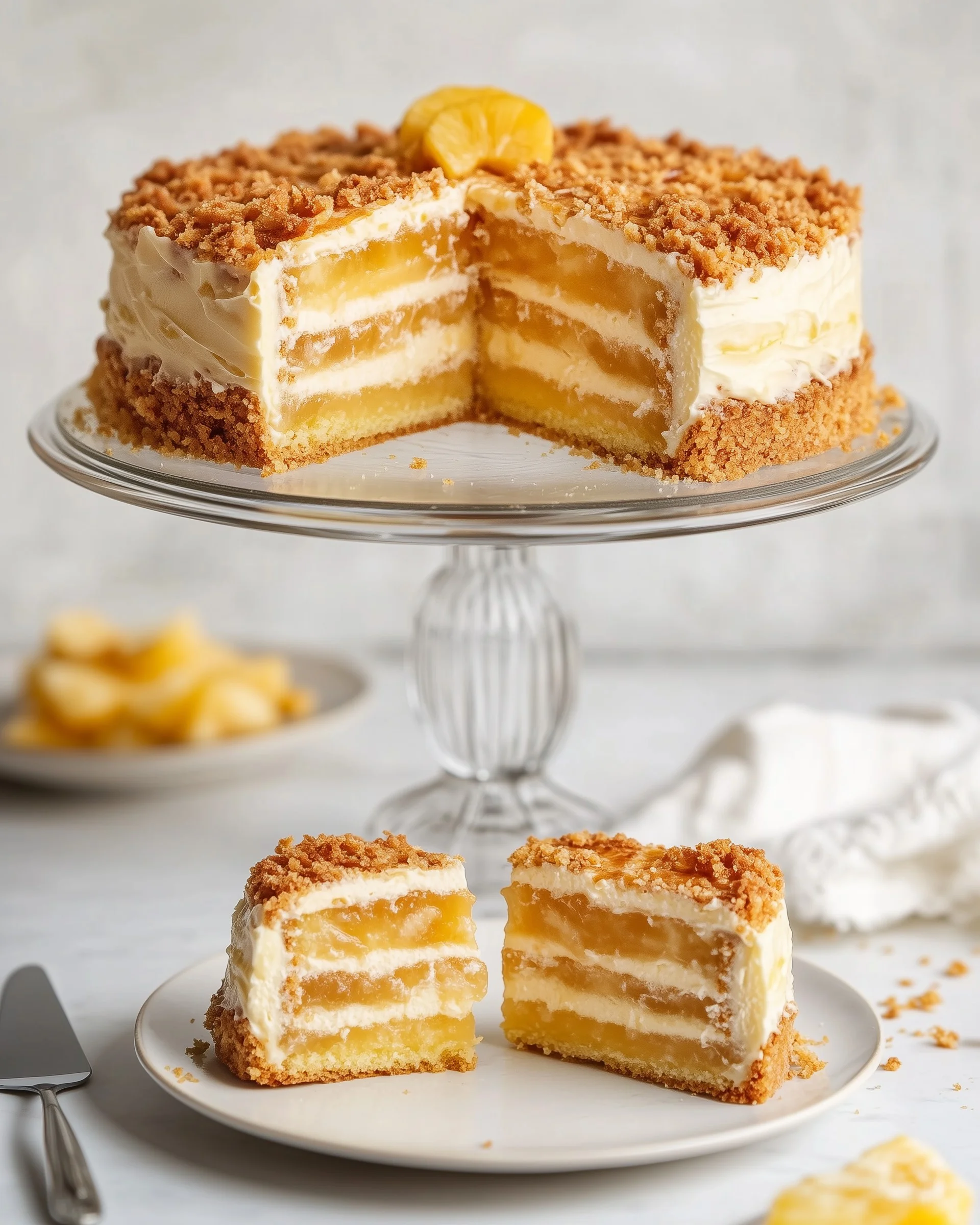 Slice of pineapple cream crunch cake topped with caramelized pineapple, toasted coconut flakes, and mint garnish