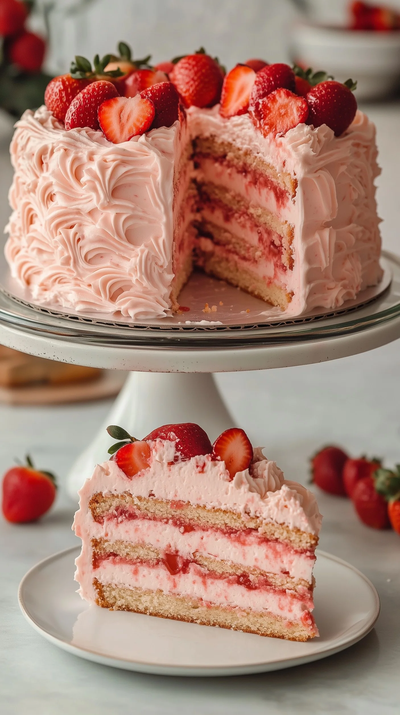 pink strawberry bliss smoothie bowl with sliced strawberries, raspberry coulis, chia seeds, mint leaves, and edible flowers