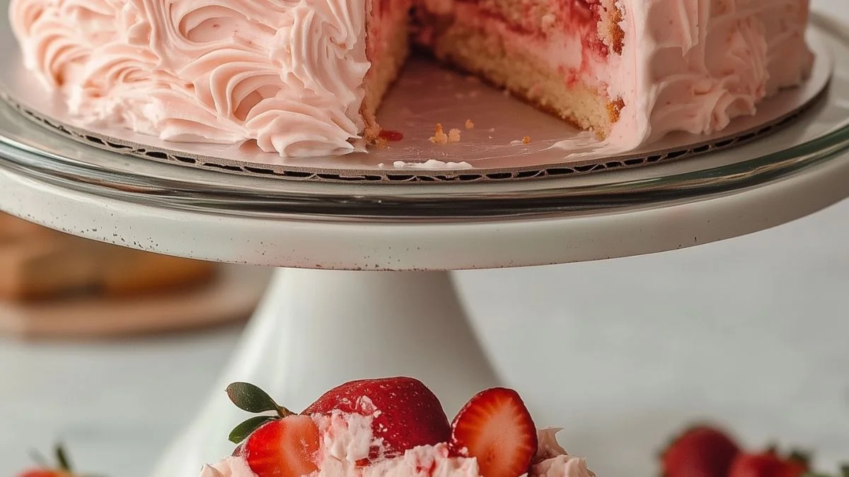 Ultra-high-resolution overhead shot of Pink Strawberry Bliss: a creamy pink strawberry mousse topped with fresh strawberry slices and mint leaves.